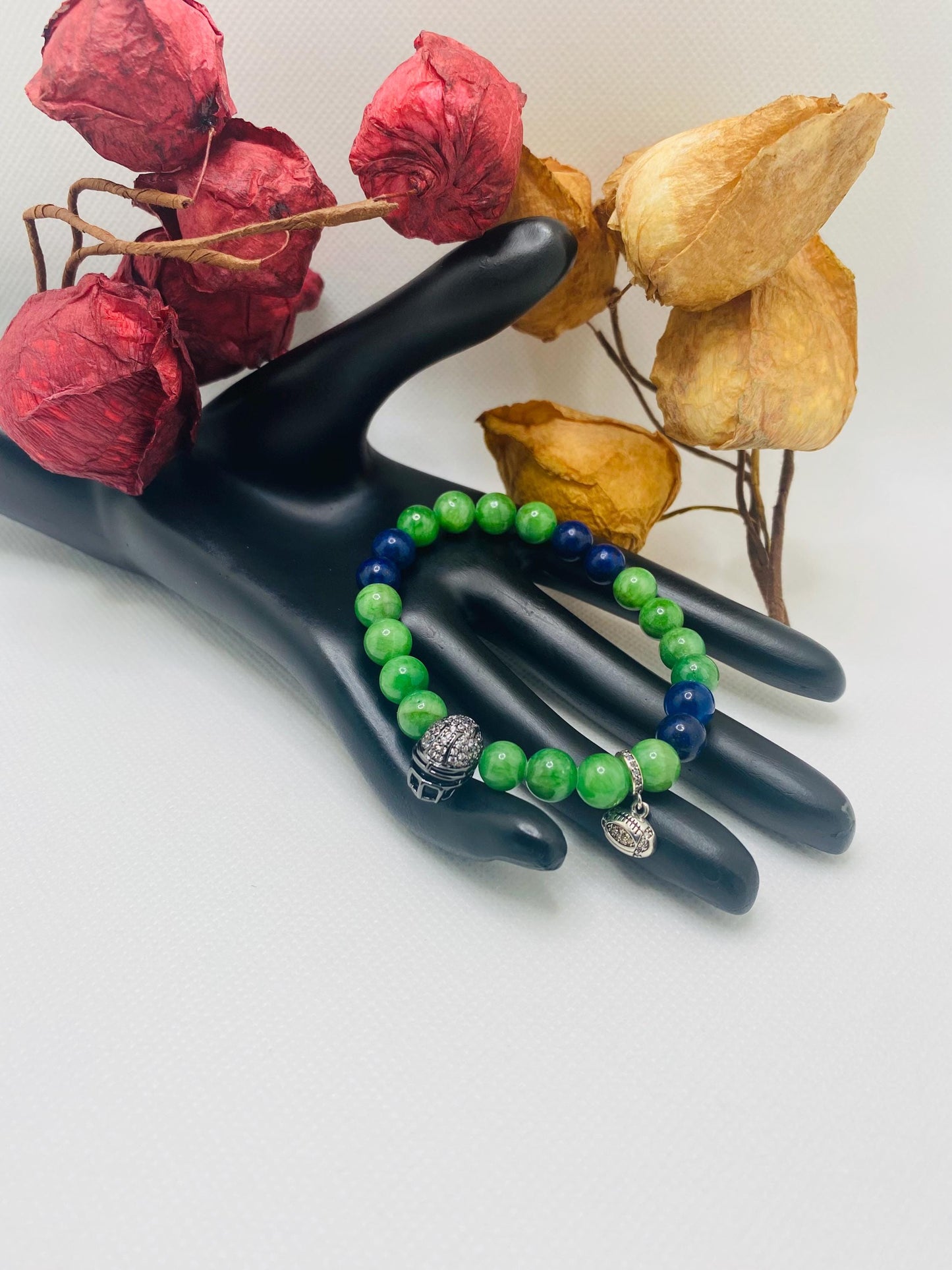 Seattle Seahawks Beaded Bracelet: Chalcedony, Lapis Lazuli, Football Charms