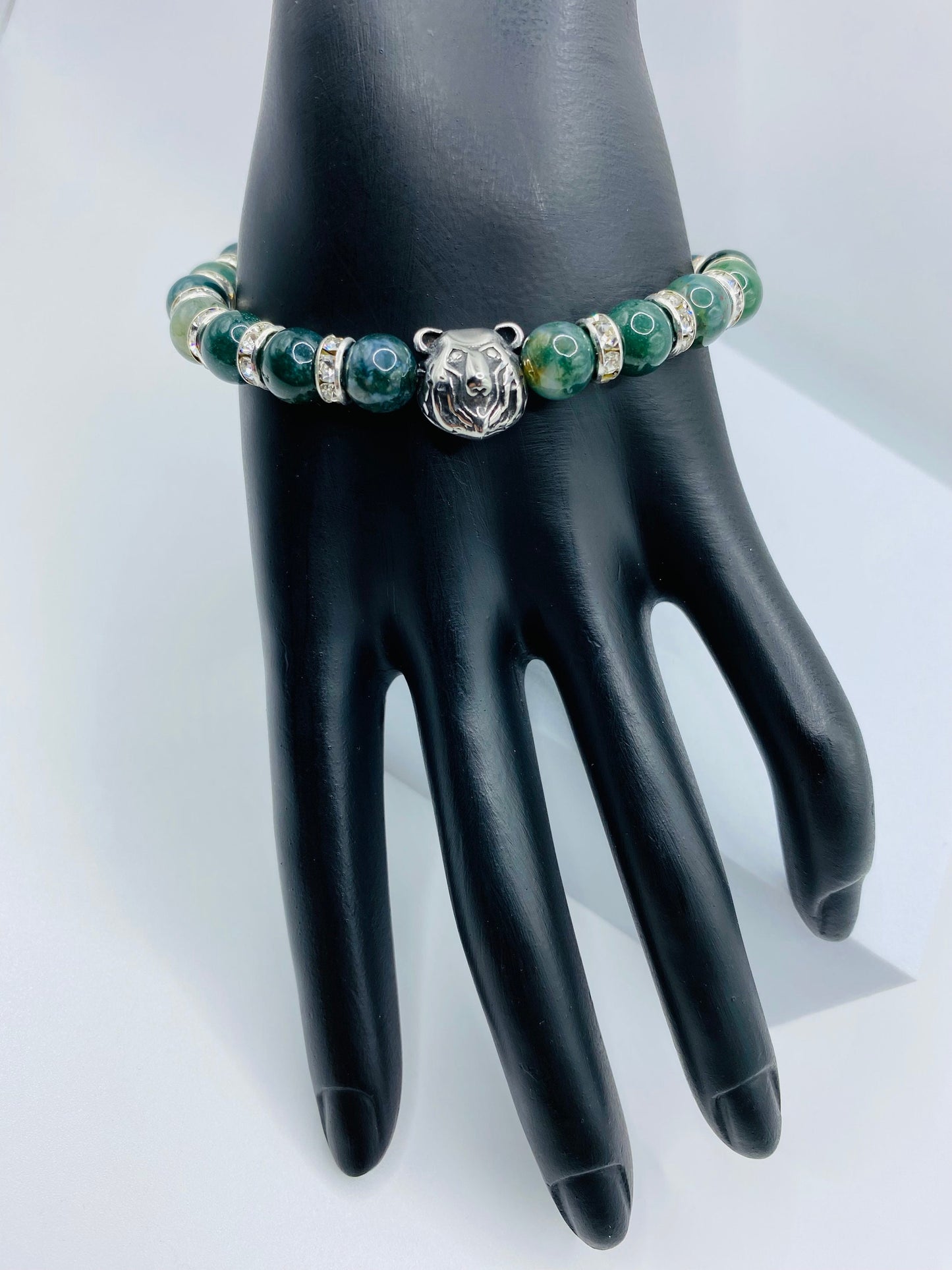 Mens Moss Agate Beaded Bracelet with Stainless Steel Bear Charm