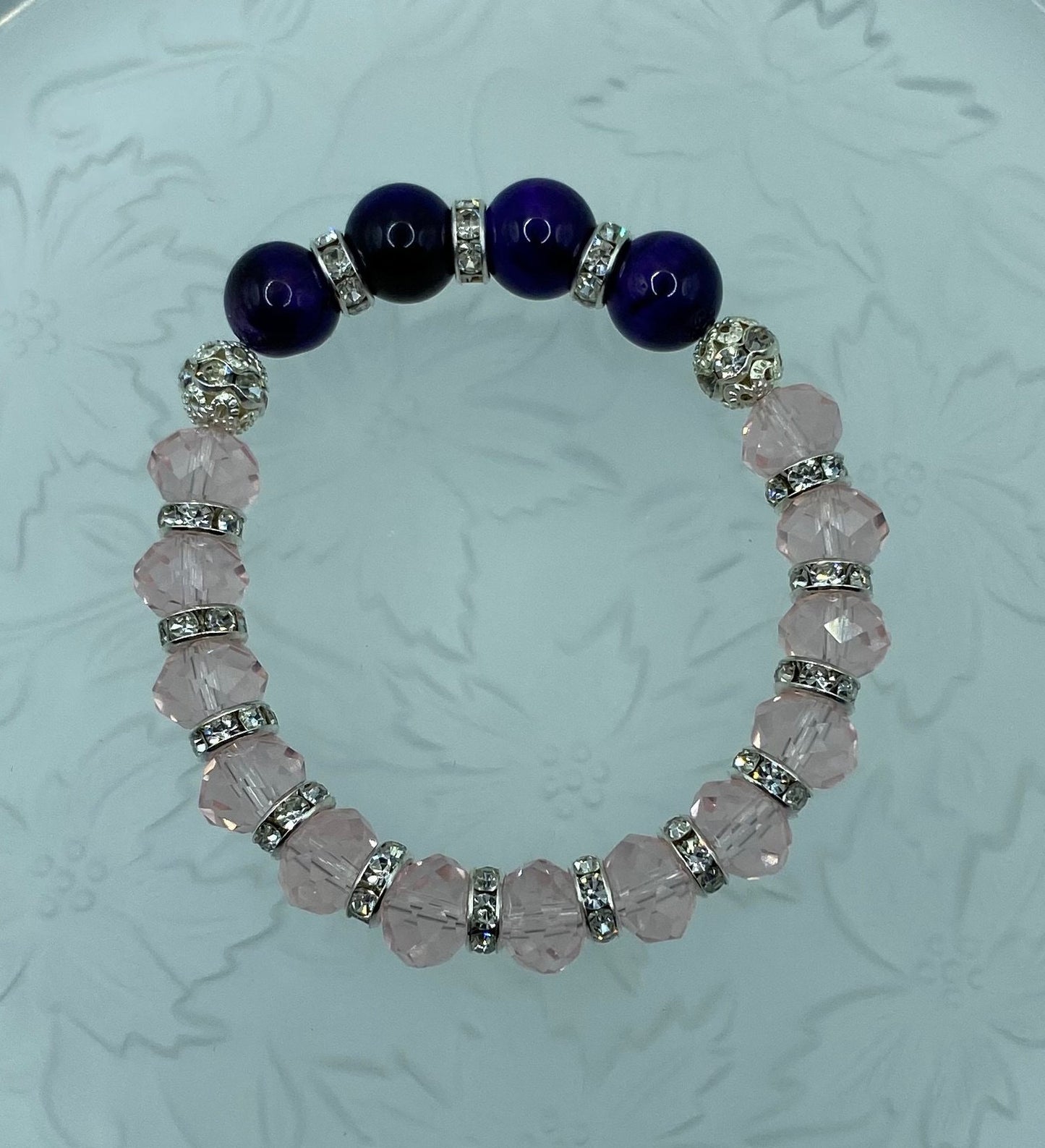 Handmade Purple Tiger's Eye Bracelet: Pink Crystal & Rhinestone Beads