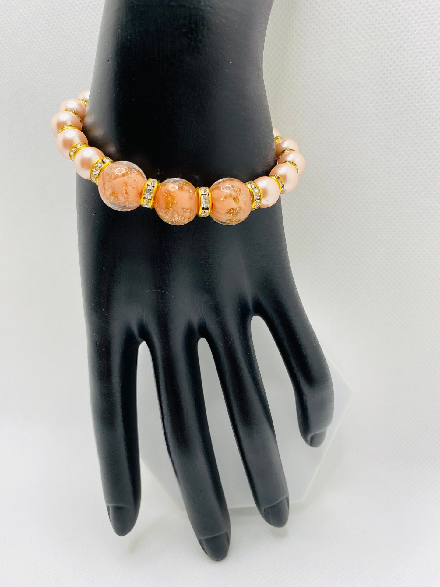 Pink Mother of Pearl Bracelet: Lampwork Glass Beads & Gold Rondelles