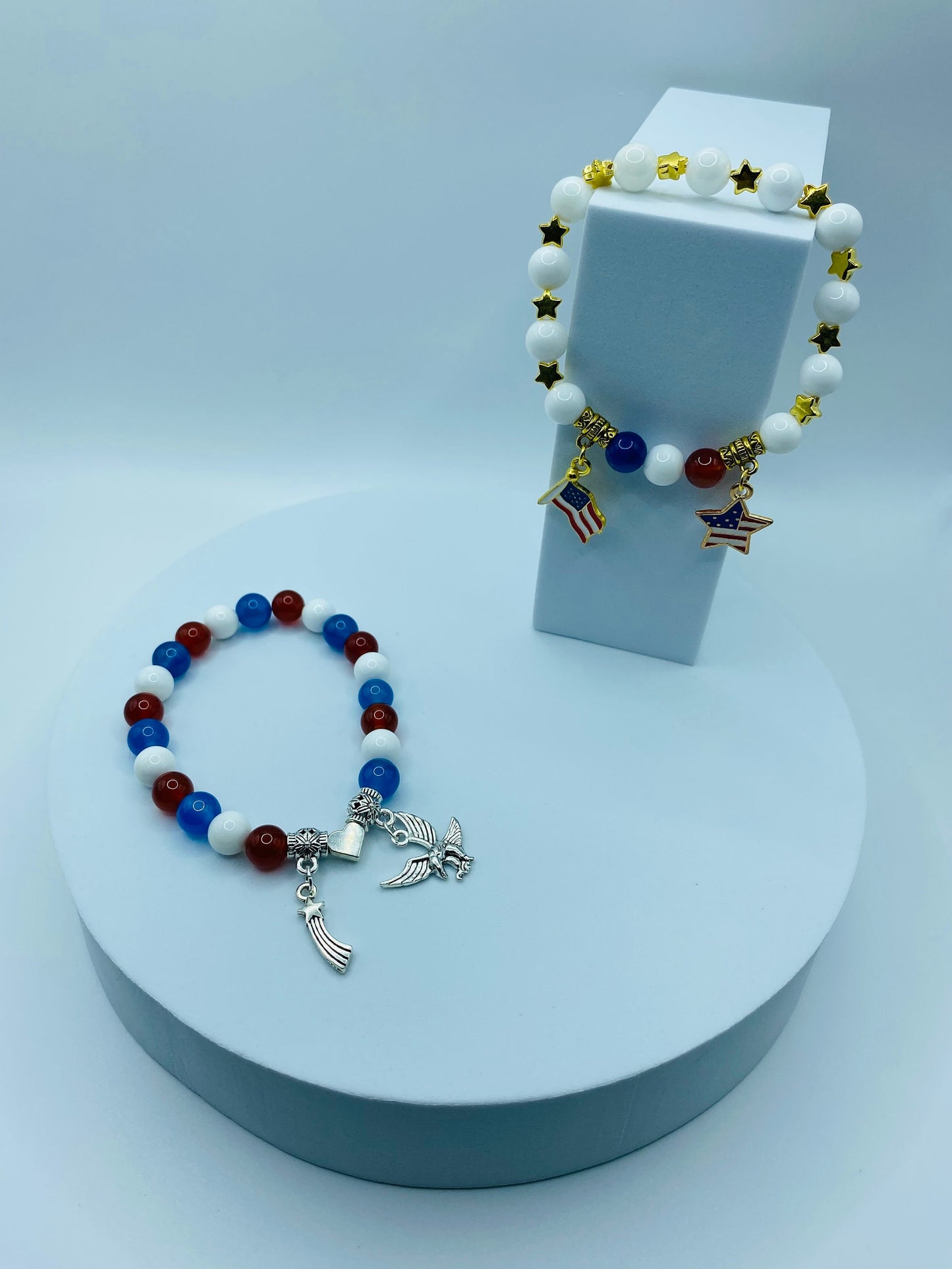 Red White Blue Gemstone Charm Bracelet: Eagle, Star, Heart