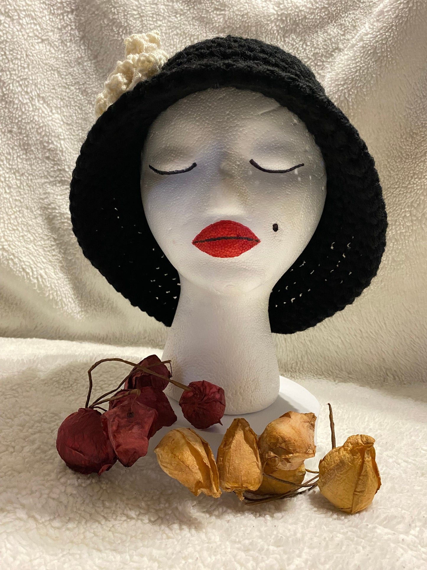 Black Crochet Bucket Hat: White Flower Accent, Handmade Acrylic