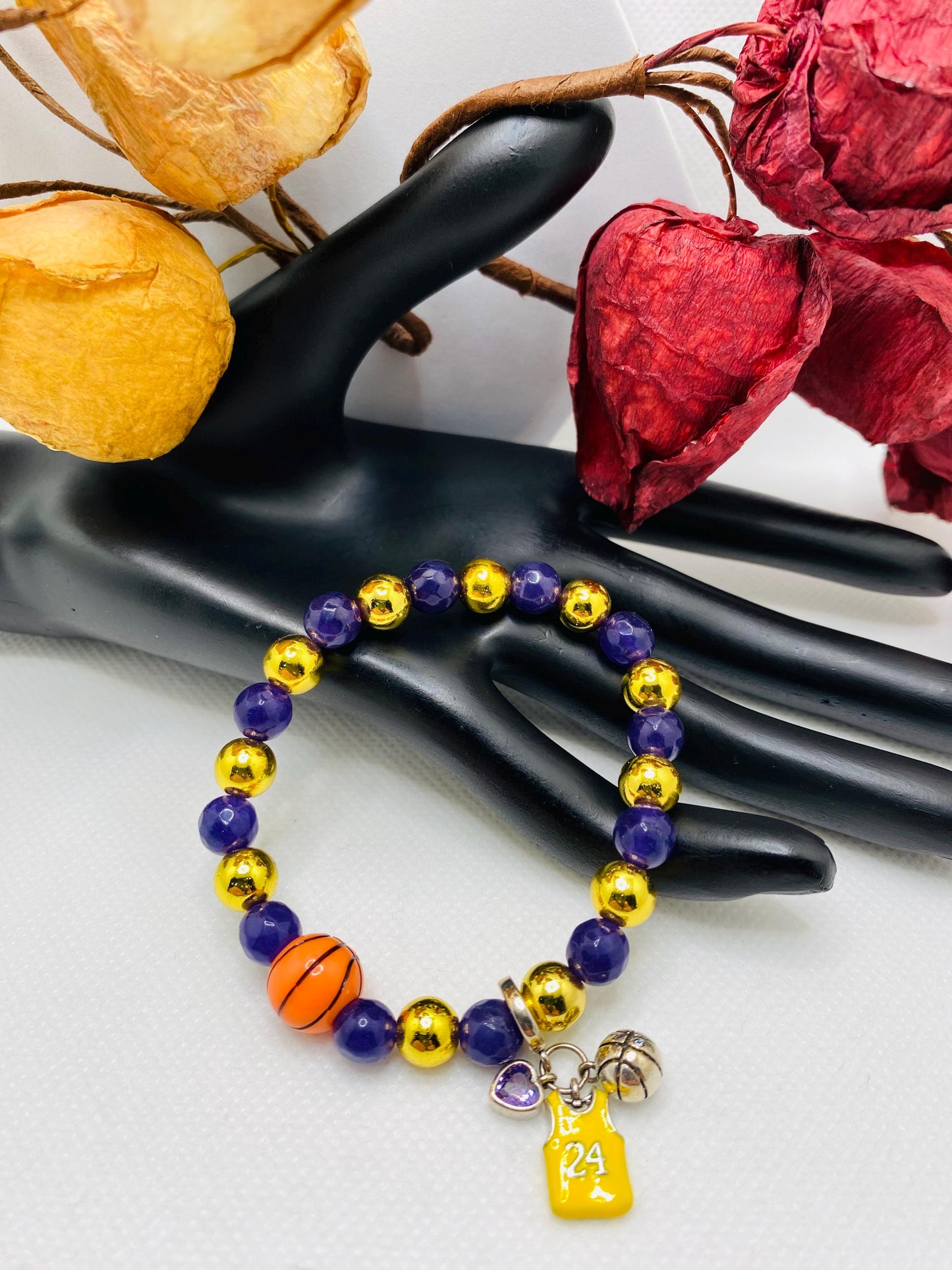 Kobe Bryant Lakers Bracelet: Amethyst & Hematite Gemstone Beads