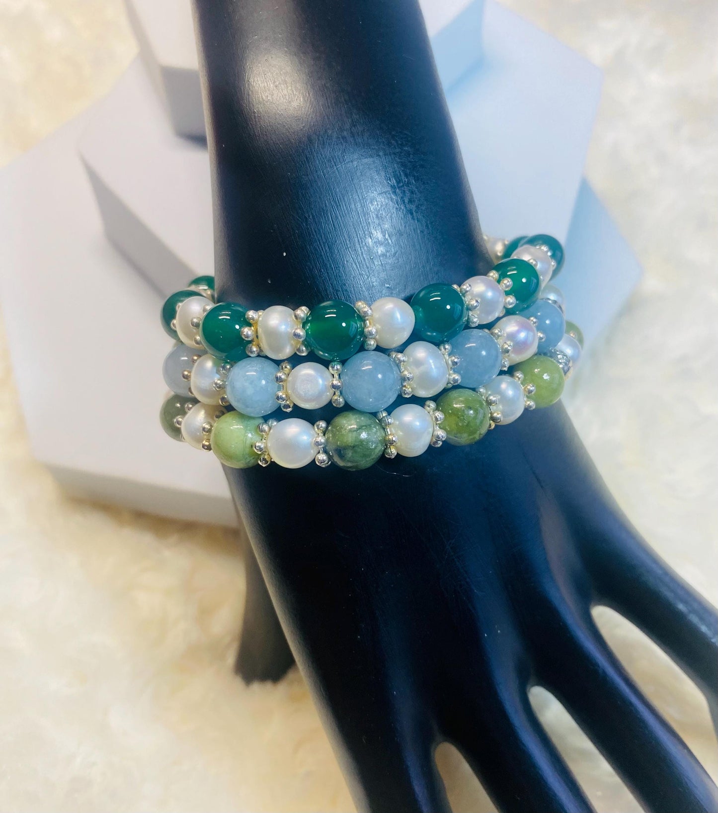 Handmade Baroque Pearl Bracelet Set: Jade & Agate Gemstone Beads