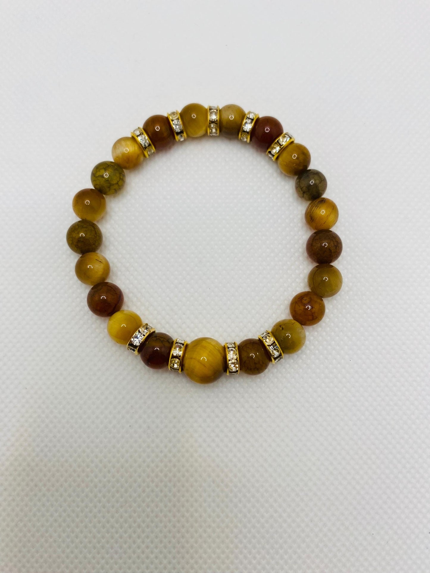Tigers Eye & Agate Beaded Bracelet: Gold Rhinestone Spacers