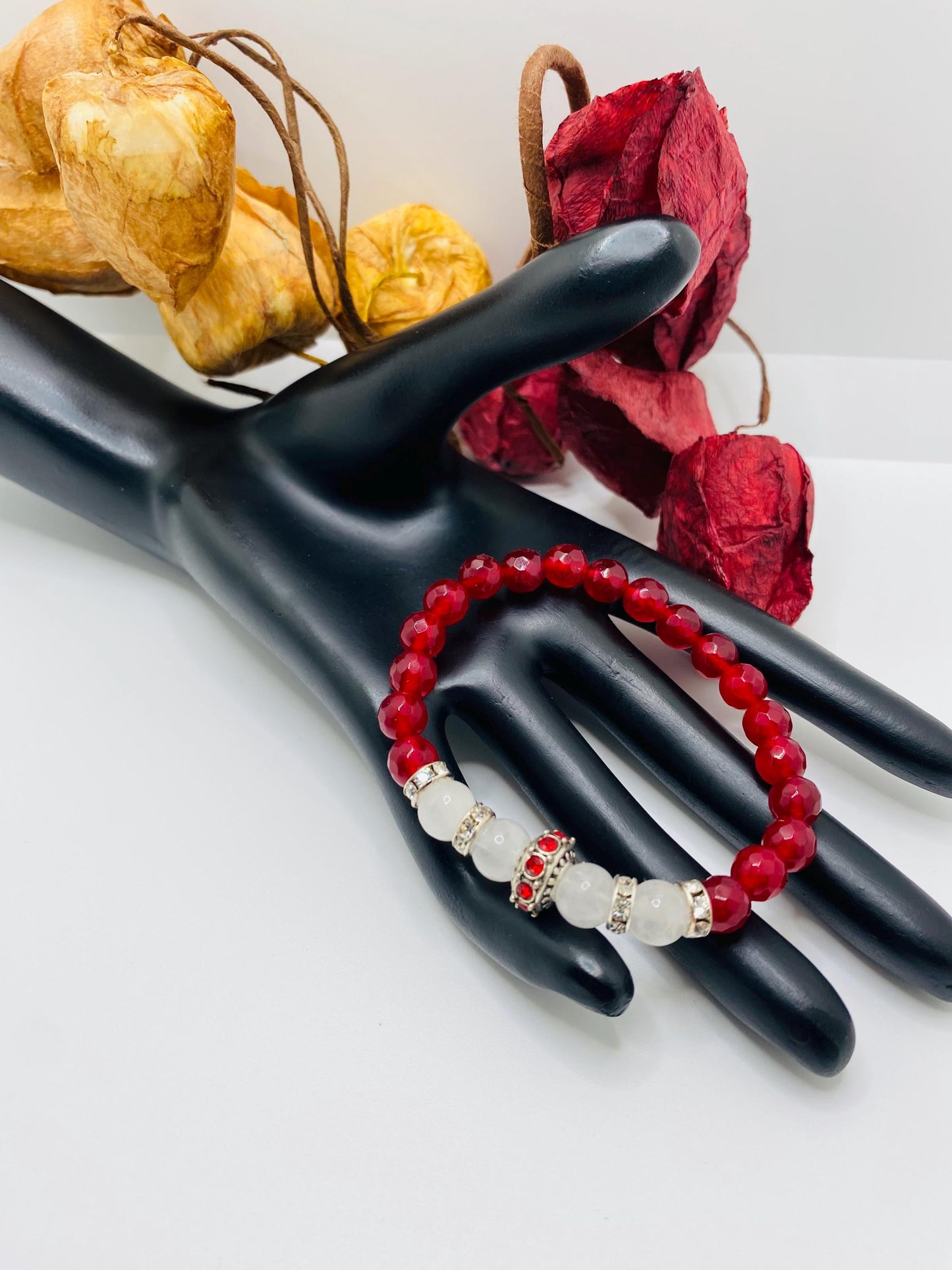 Red Agate & White Jade Charm Bracelet: Silver Rhinestone Accents