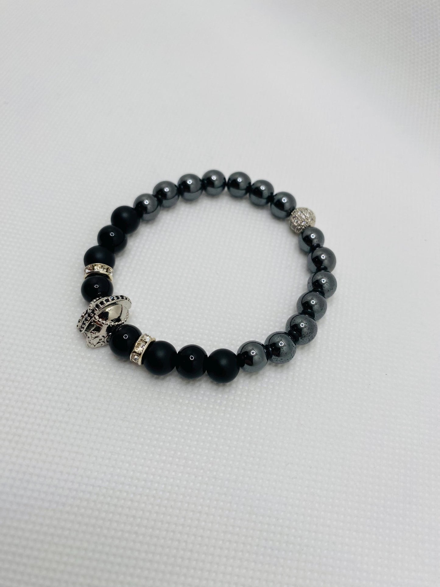 Mens Jewelry Silver Spartan Helmet Bracelet with black Onyx & Hematite Gemstone Beads - Medieval Jewelry