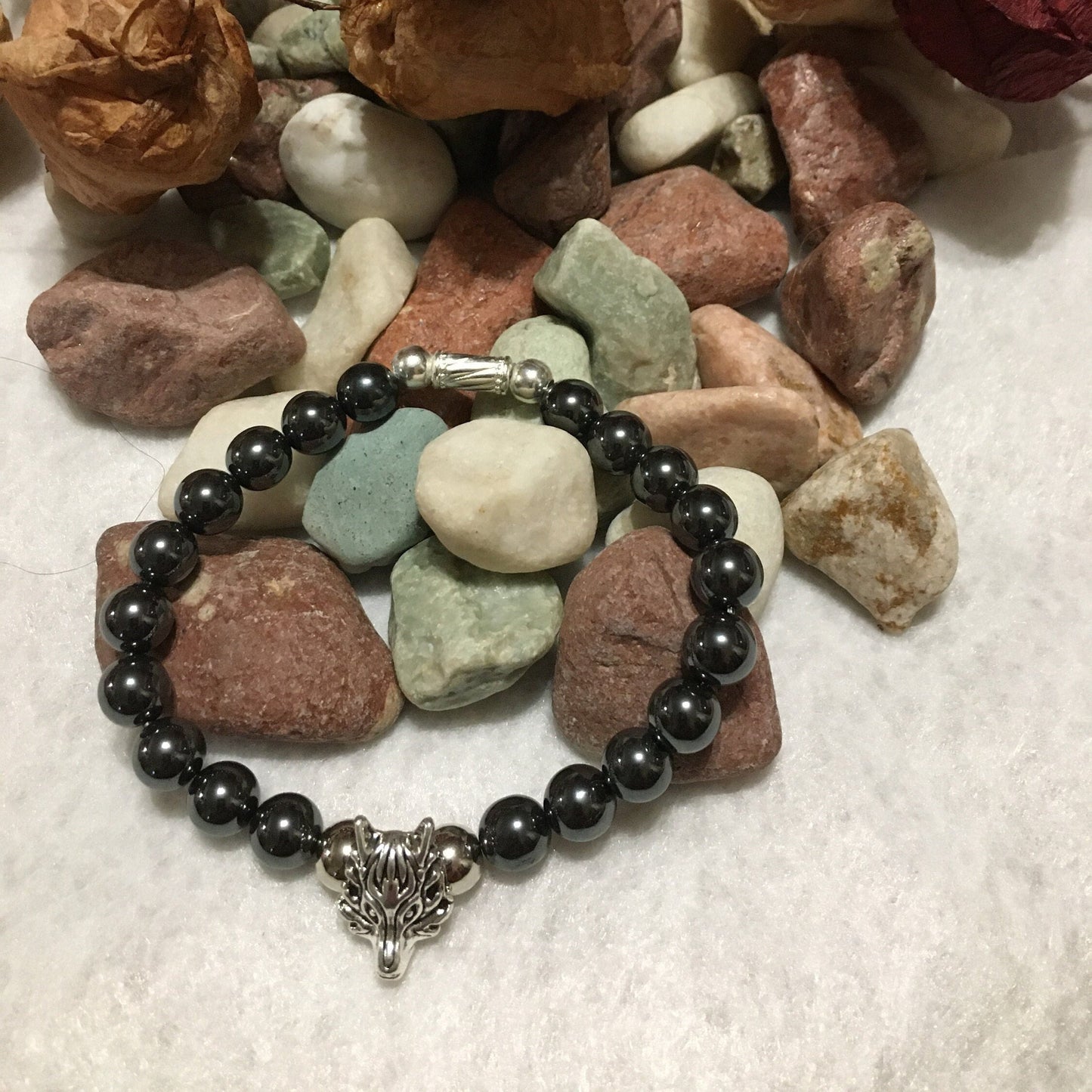 Silver Wolf Charm Bracelet with Hematite Gemstone Beads
