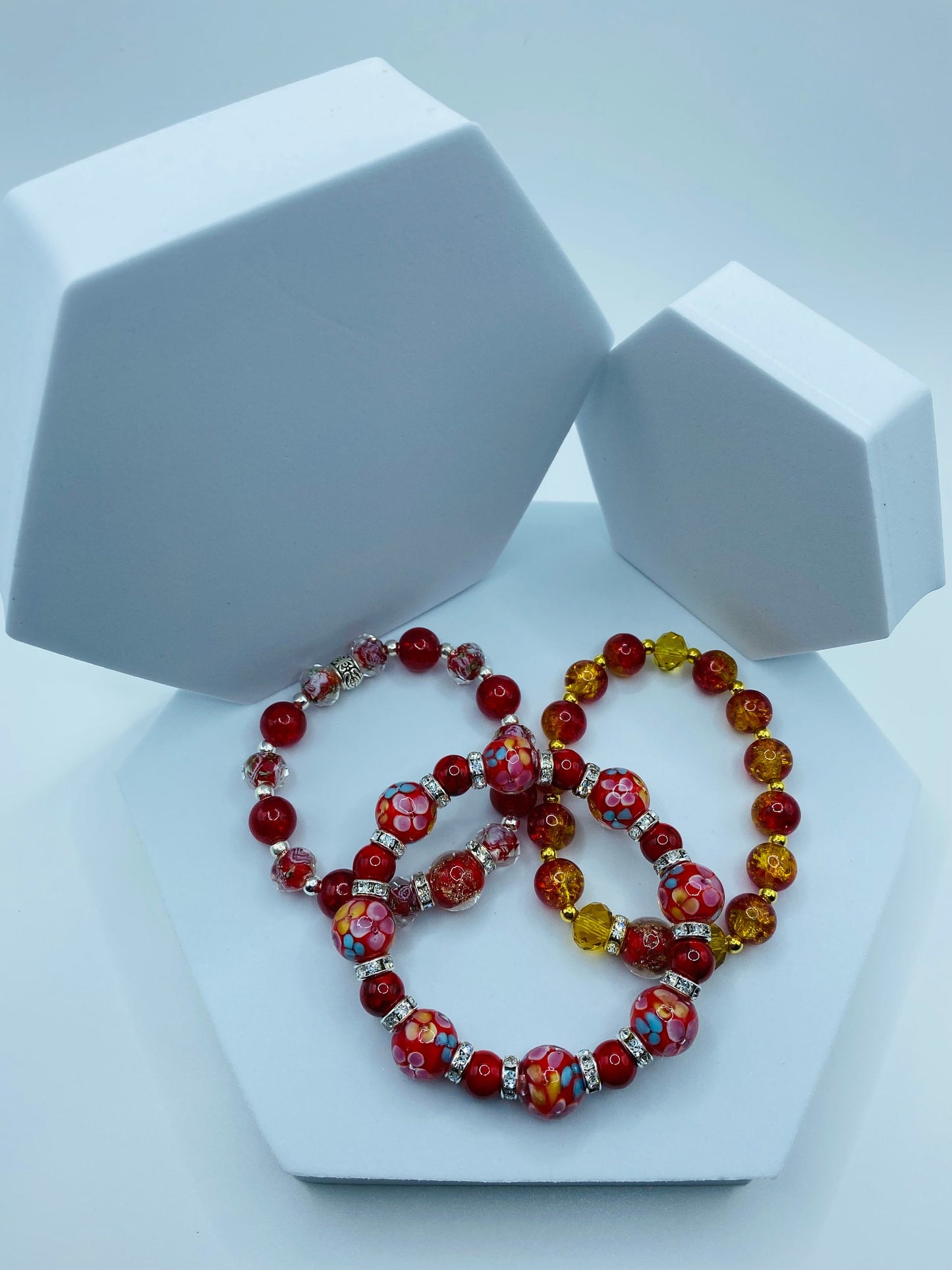 Red Lampwork Flower Bracelet: Turquoise & Rhinestone Beaded Jewelry