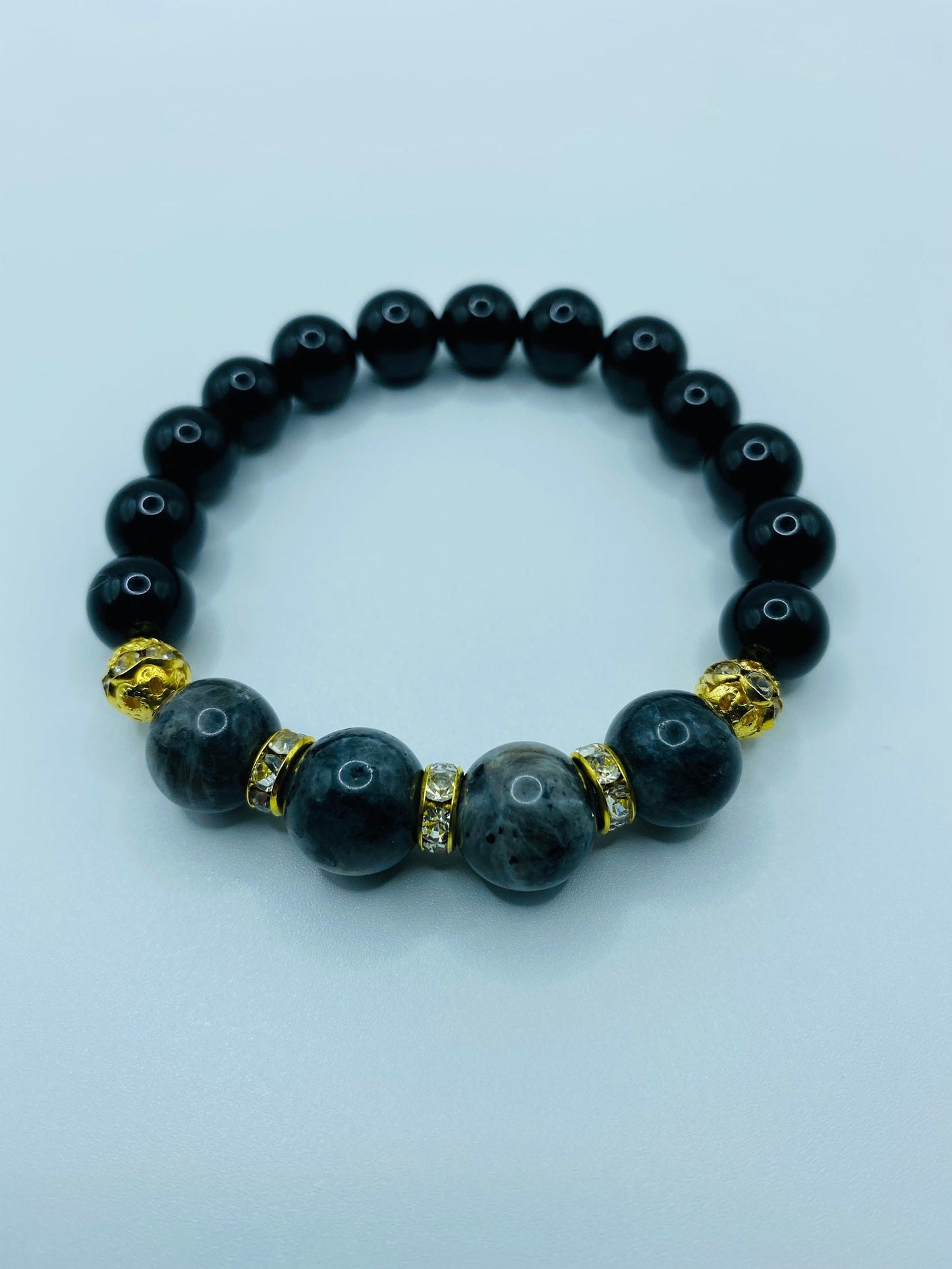Labradorite & Black Onyx Beaded Bracelet: 18k Gold Rhinestone Rondelles