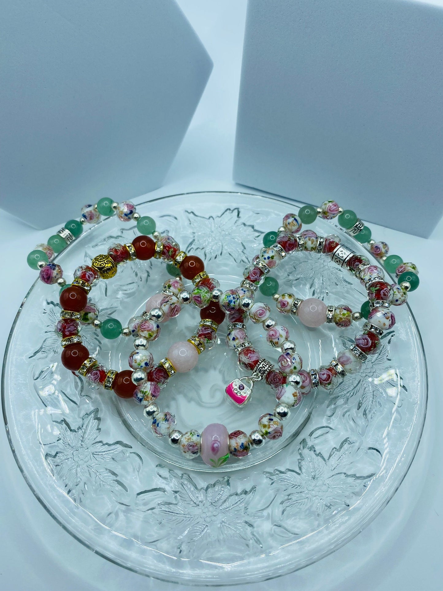 Floral Lampwork Glass Bead Bracelet: Silver Hematite Gemstone Accent