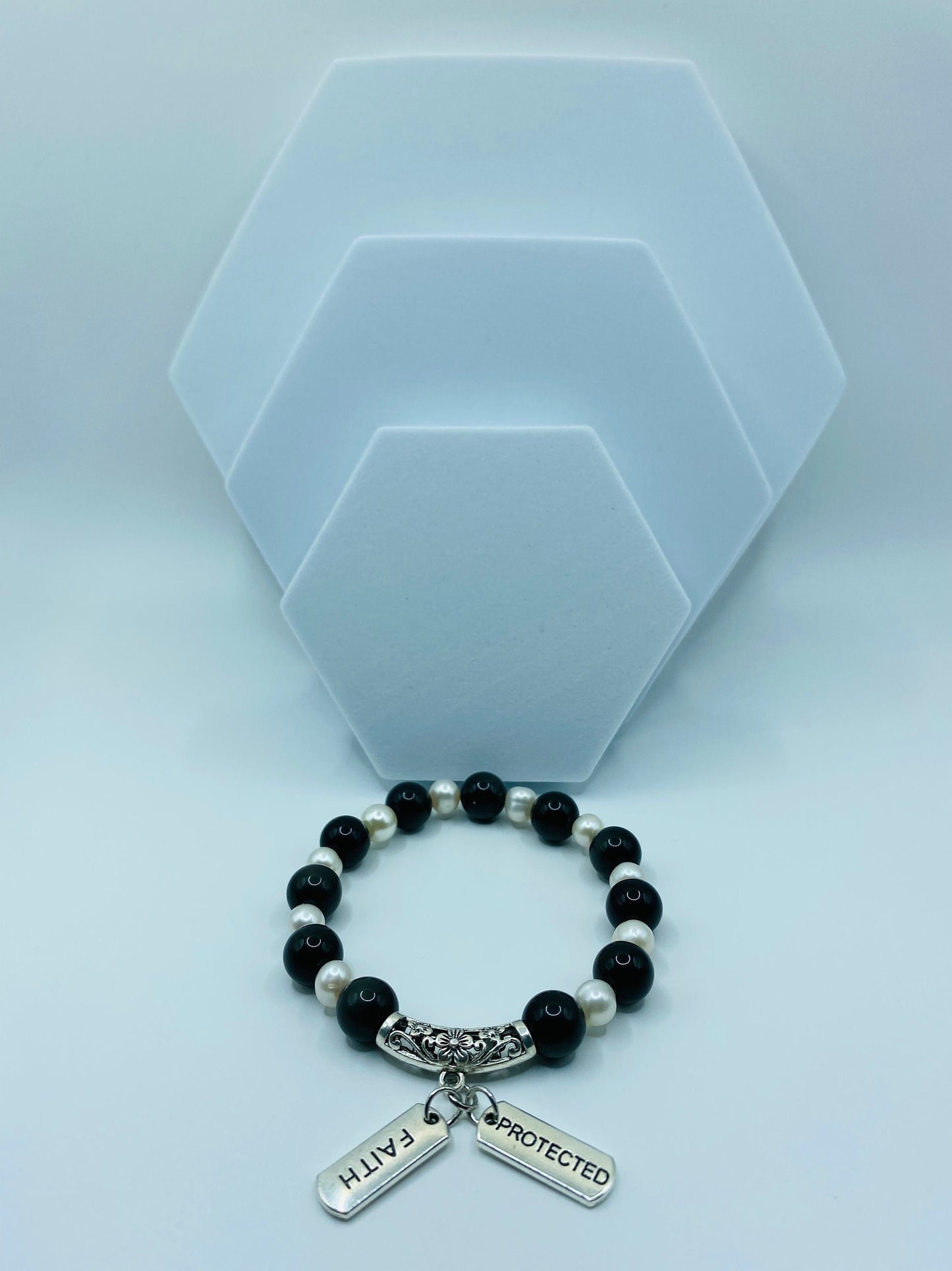 Onyx & Pearl Charm Bracelet: Inspirational Word Charms, Handmade