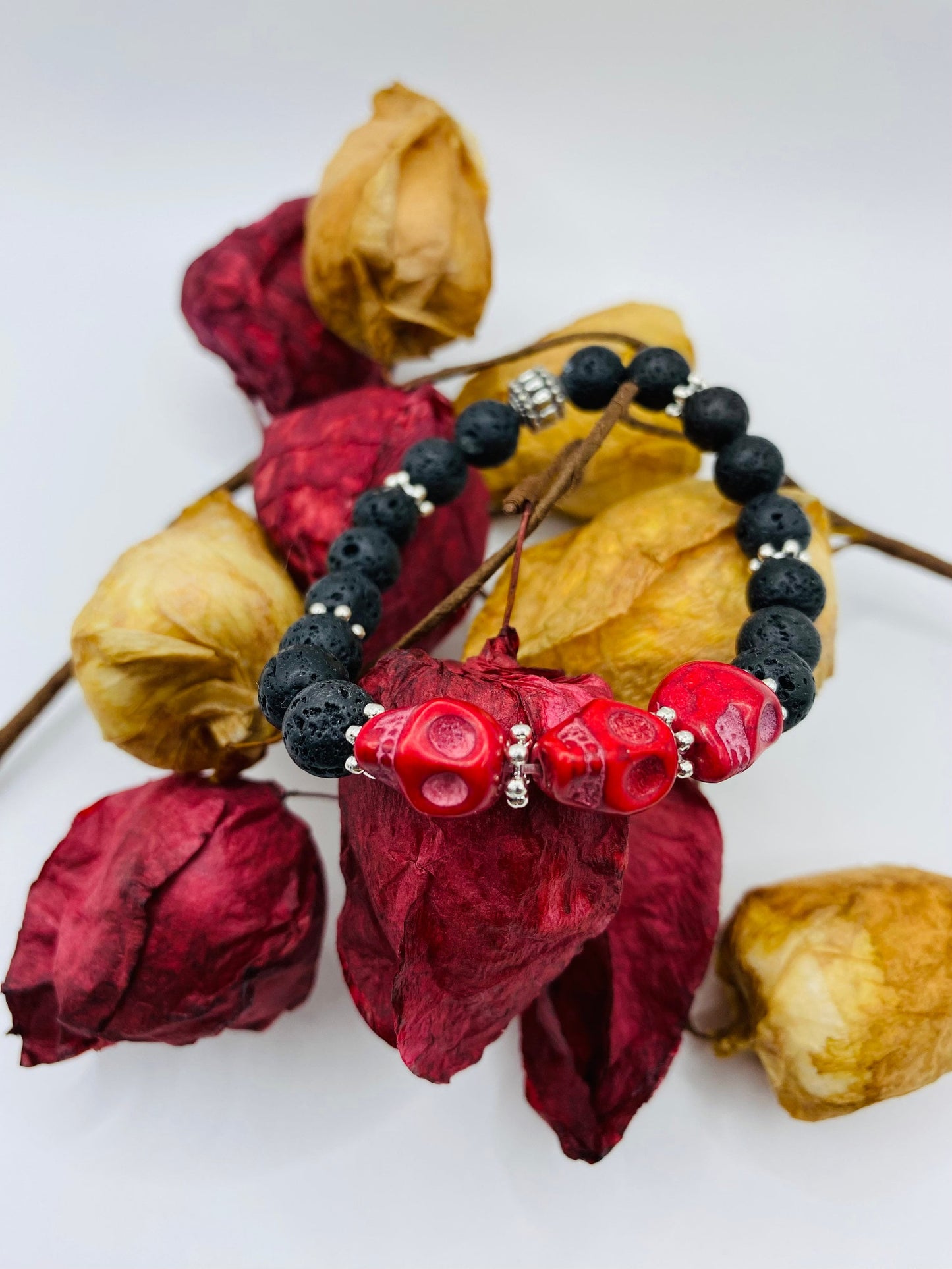 Day of the Dead Lava Rock Bracelet, Red Skull Beads - Dia de Los Muertos - Gothic Jewelry - Gift for Him