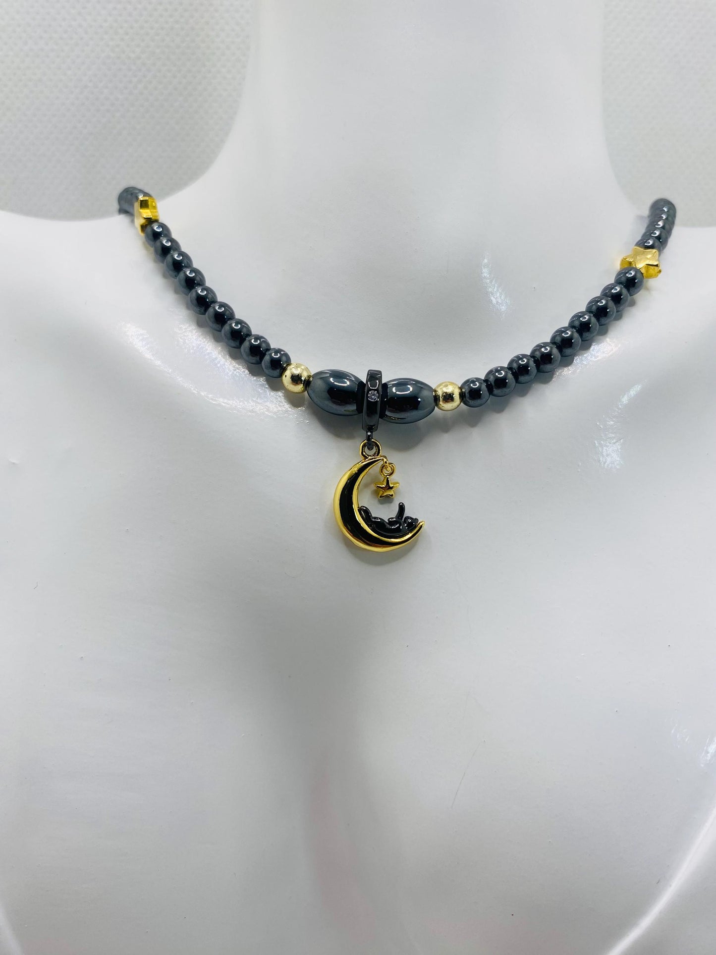 Celestial Hematite Necklace: Gold Star, Moon & Cat Charm