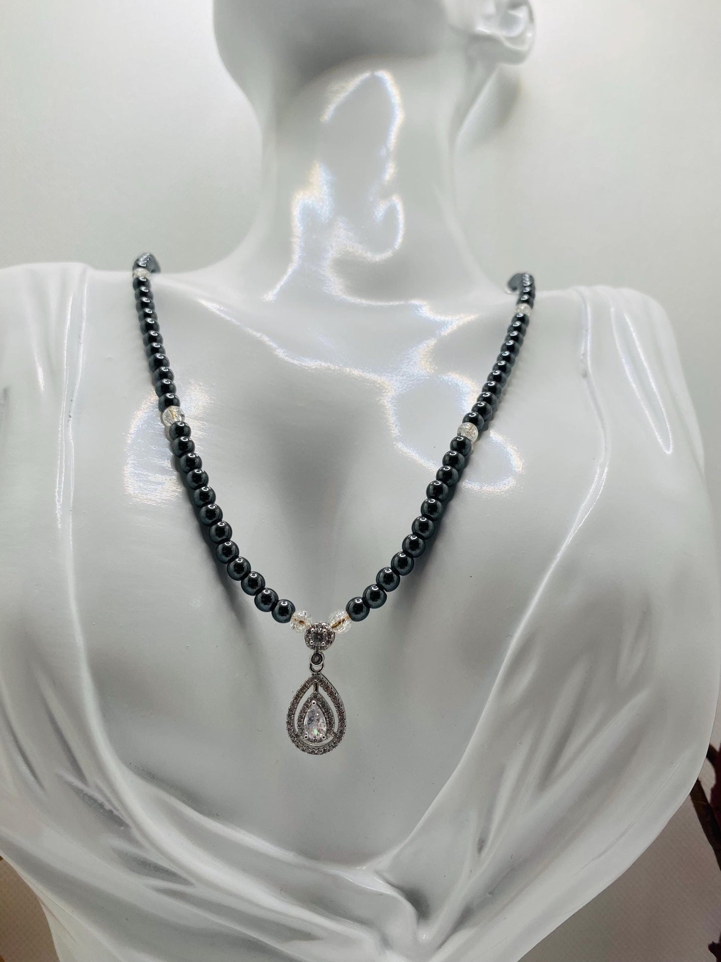 Womens Necklace Handmade Jewelry - Hematite Gemstone Beads & Zirconia Pendant, Gifts for her, Crystal Necklace
