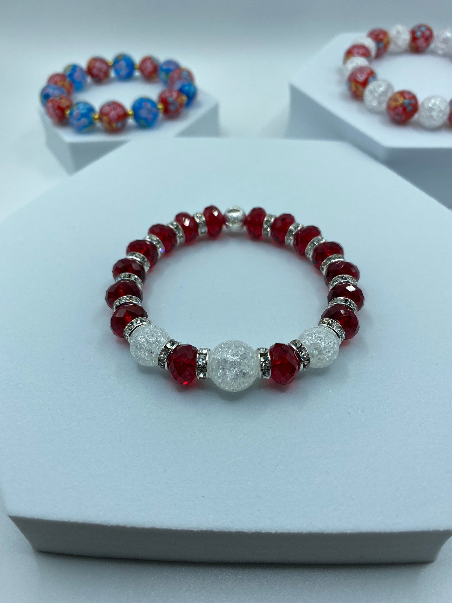 Red Crystal Glass Bracelet: Crackle Quartz Gemstone, Rhinestone Rondelles