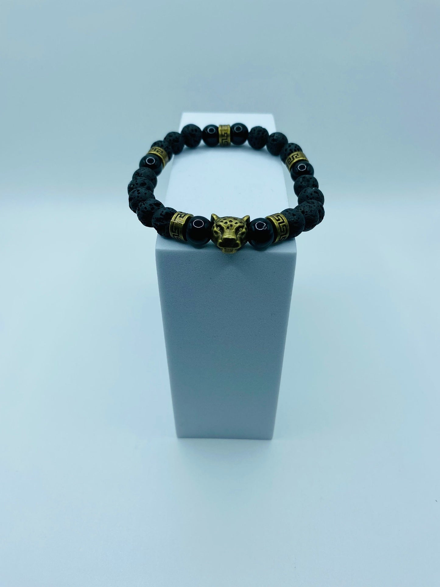 Black Onyx Lava Rock Bracelet with Bronze Leopard Charm