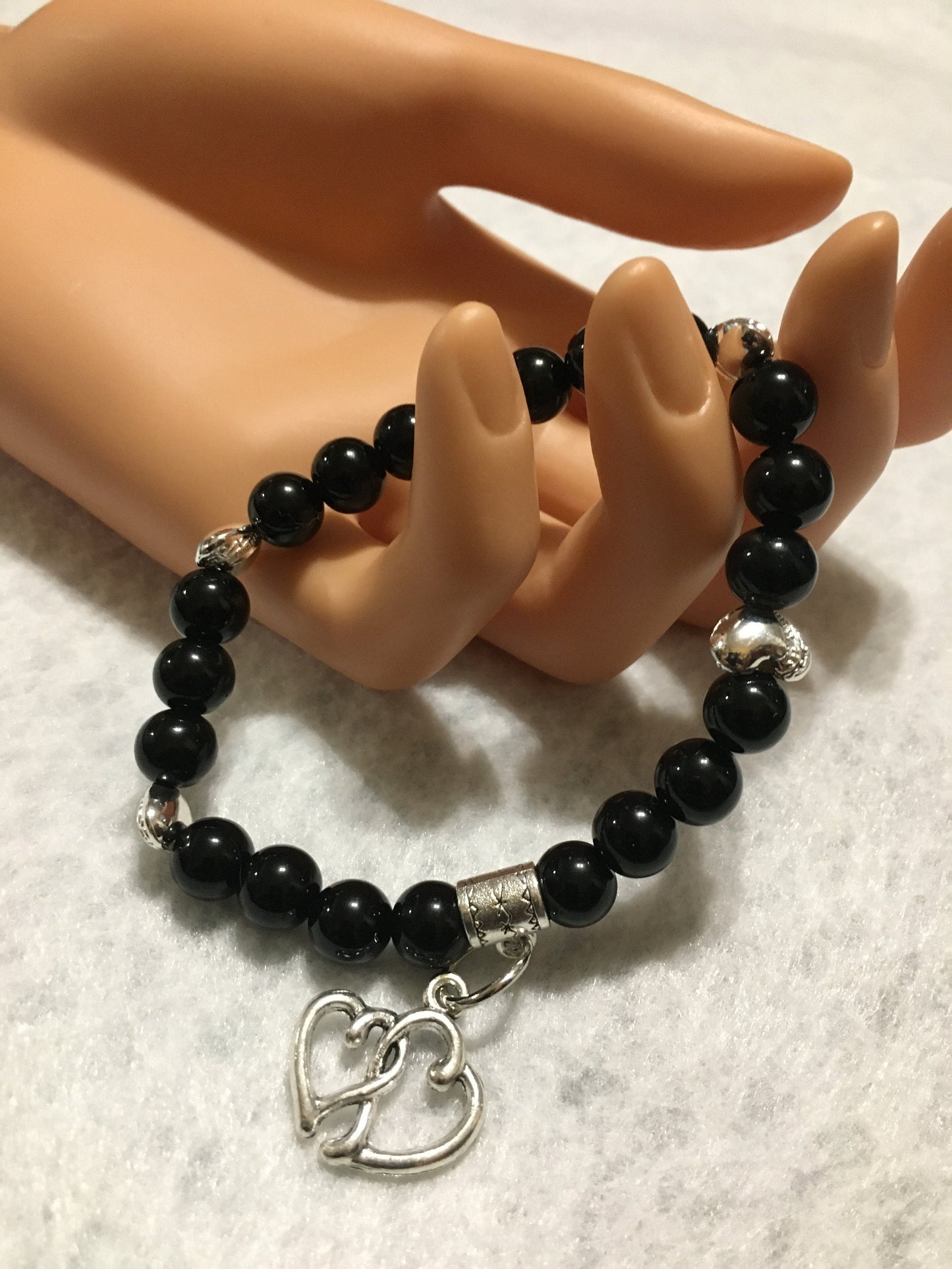 Black Tourmaline Bracelet with Intertwined Heart Charm