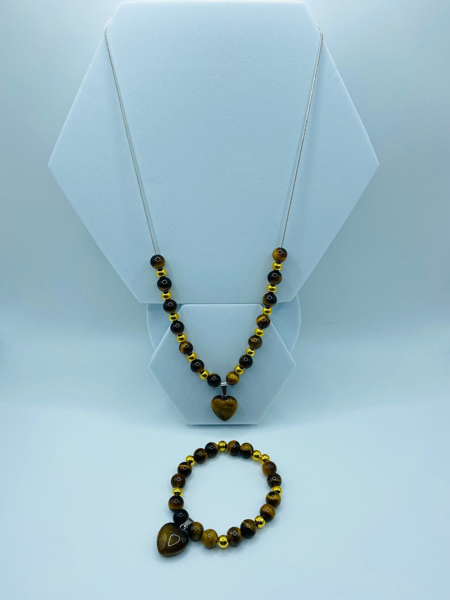 Tiger's Eye Heart Necklace & Bracelet Set: Gold Plated Hematite Beads