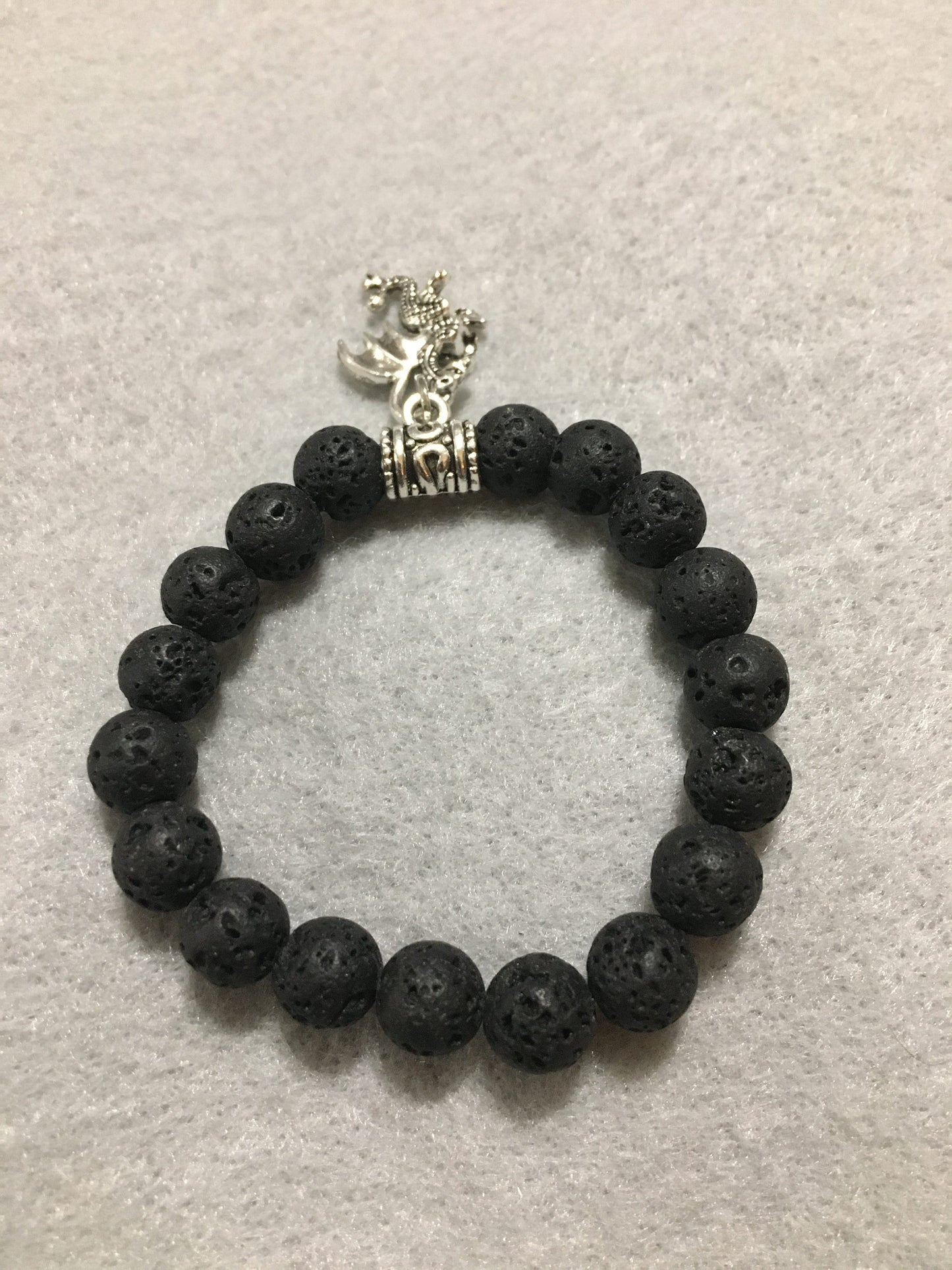 Lava Rock Dragon Bracelet: Antique Silver Charm, Gemstone Beads