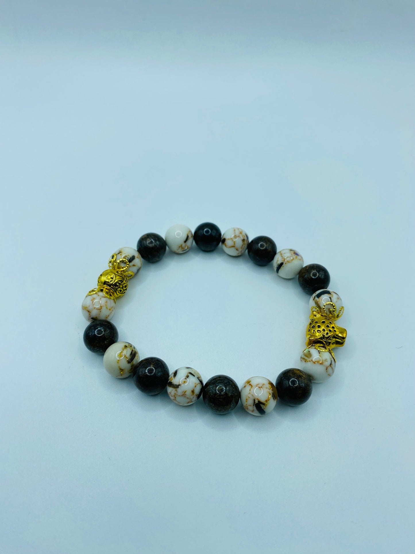 Leopard Charm Bracelet: Bronzite & White Shell Turquoise Gemstone Beads