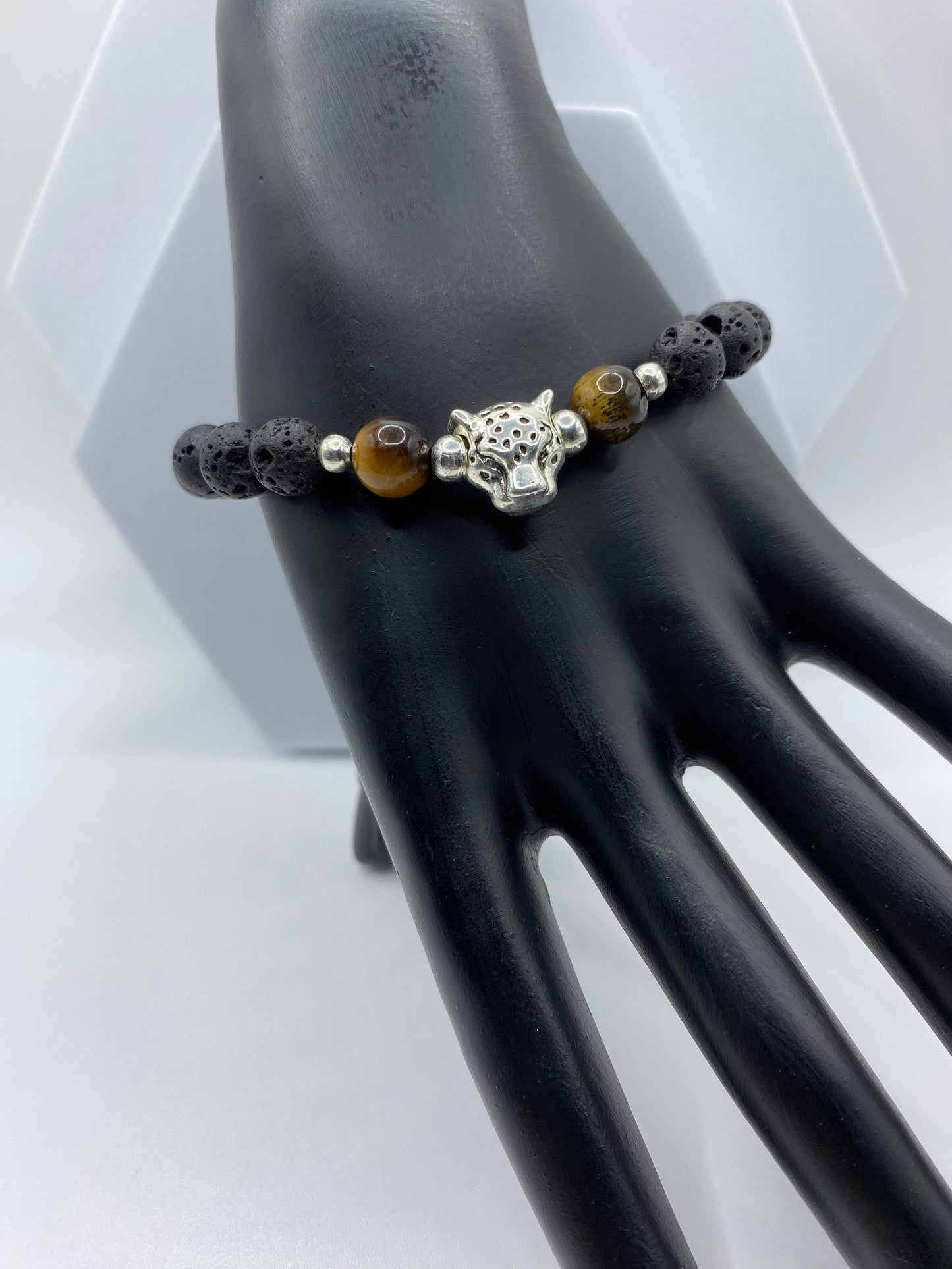 Leopard Charm Bracelet: Lava Rock & Tiger's Eye Gemstone Beads