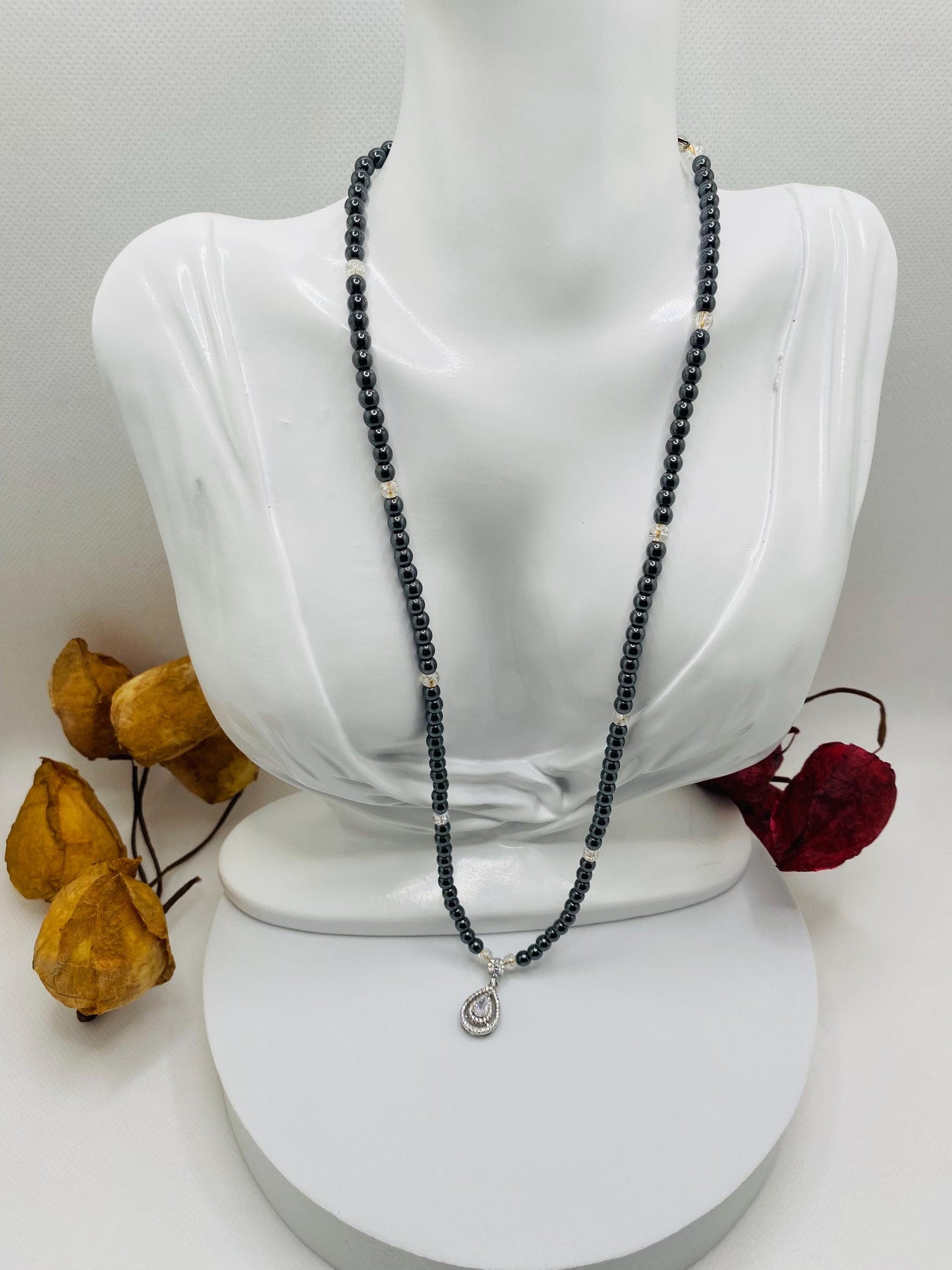 Womens Necklace Handmade Jewelry - Hematite Gemstone Beads & Zirconia Pendant, Gifts for her, Crystal Necklace