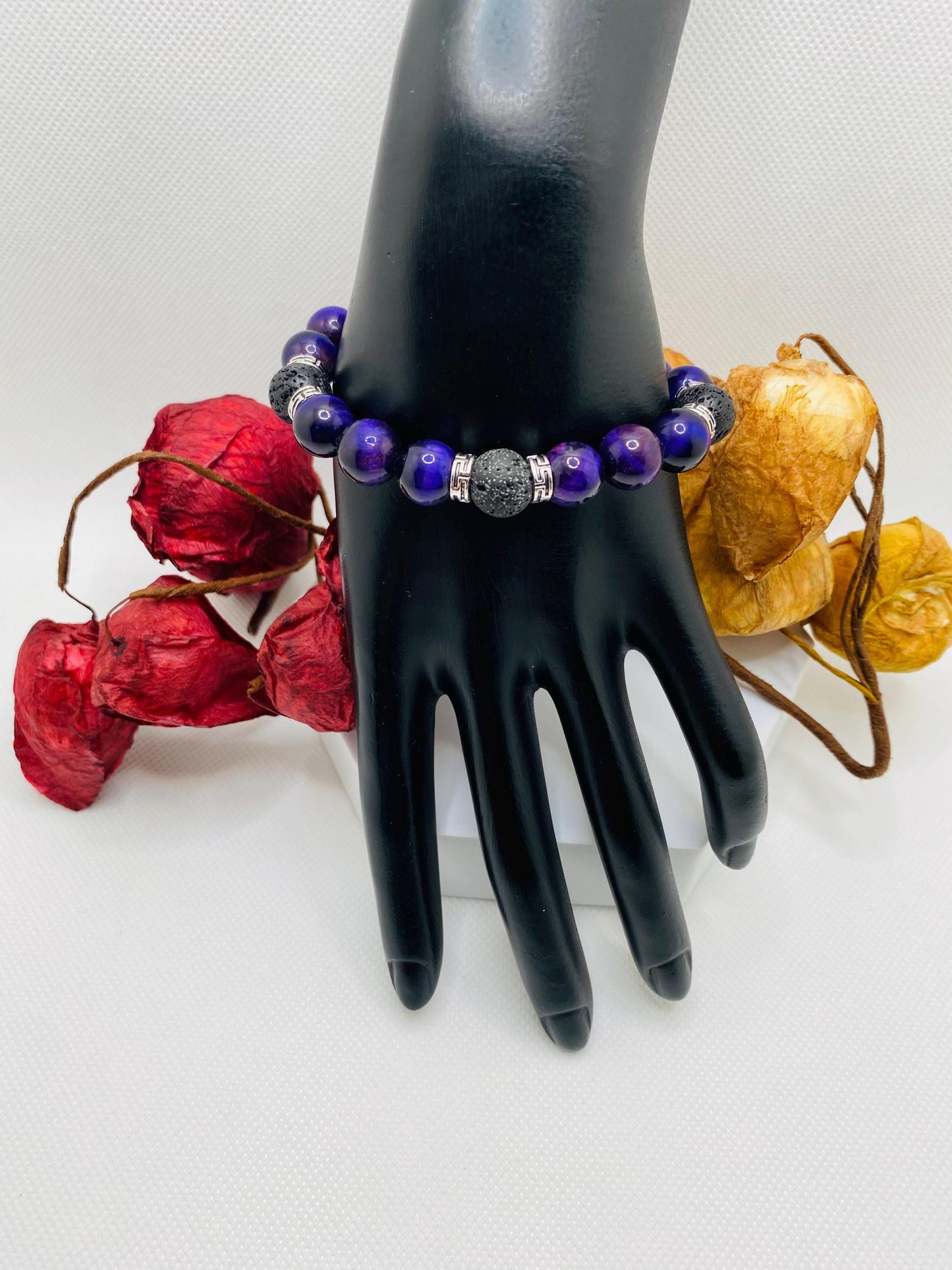 Mens Black Lava Rock & Purple Tiger Eye Bracelet: Tibetan Gemstone Jewelry