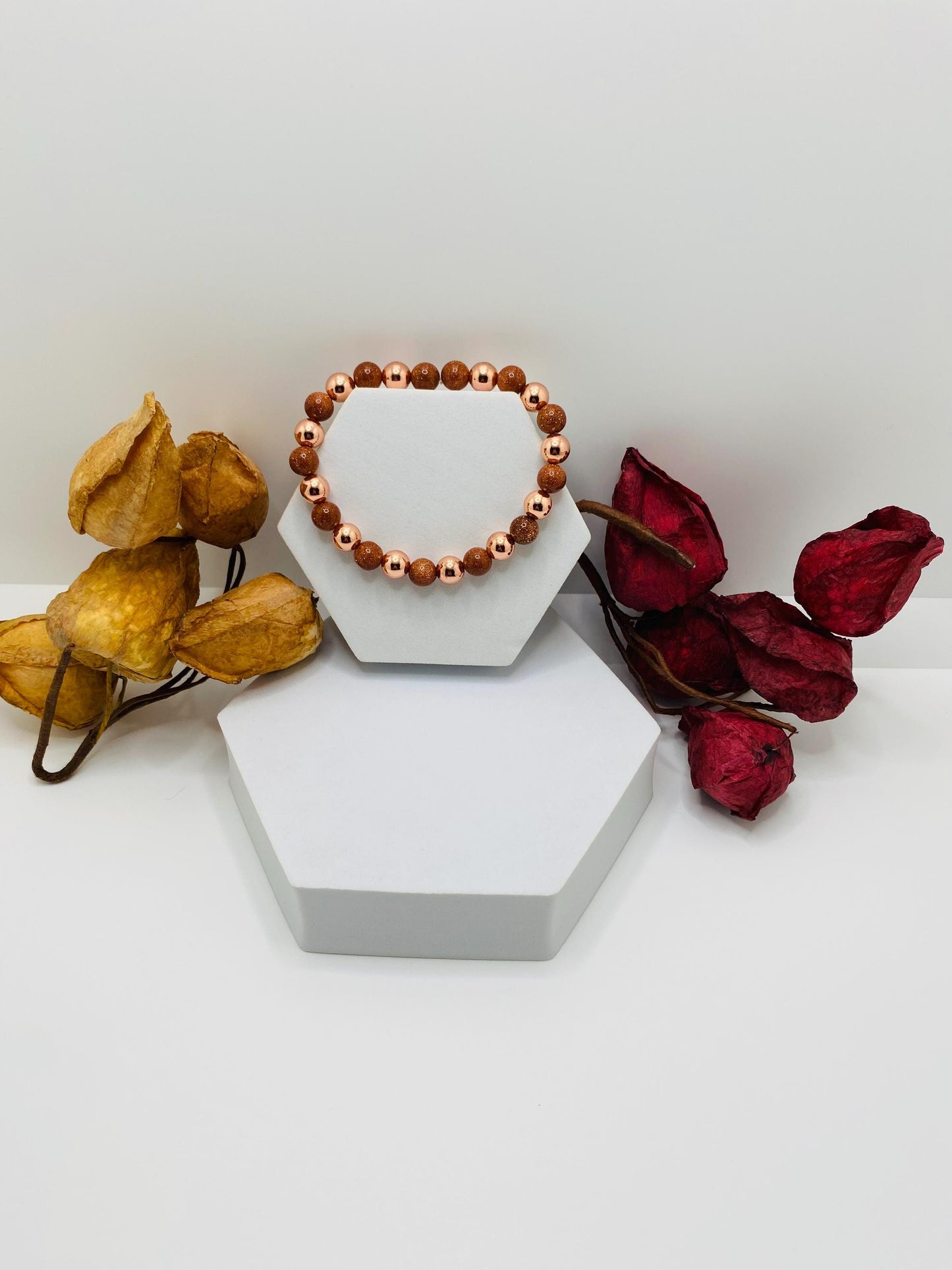 Rose Gold Hematite Bracelet: Natural Goldstone Gemstone Beads