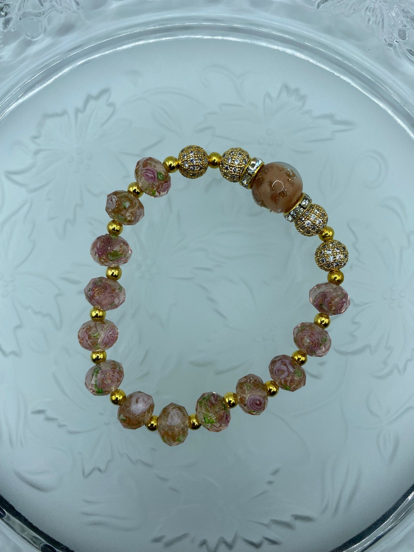Gold Plated Hematite Bracelet: Pink Lampwork Murano Glass Floral Beads
