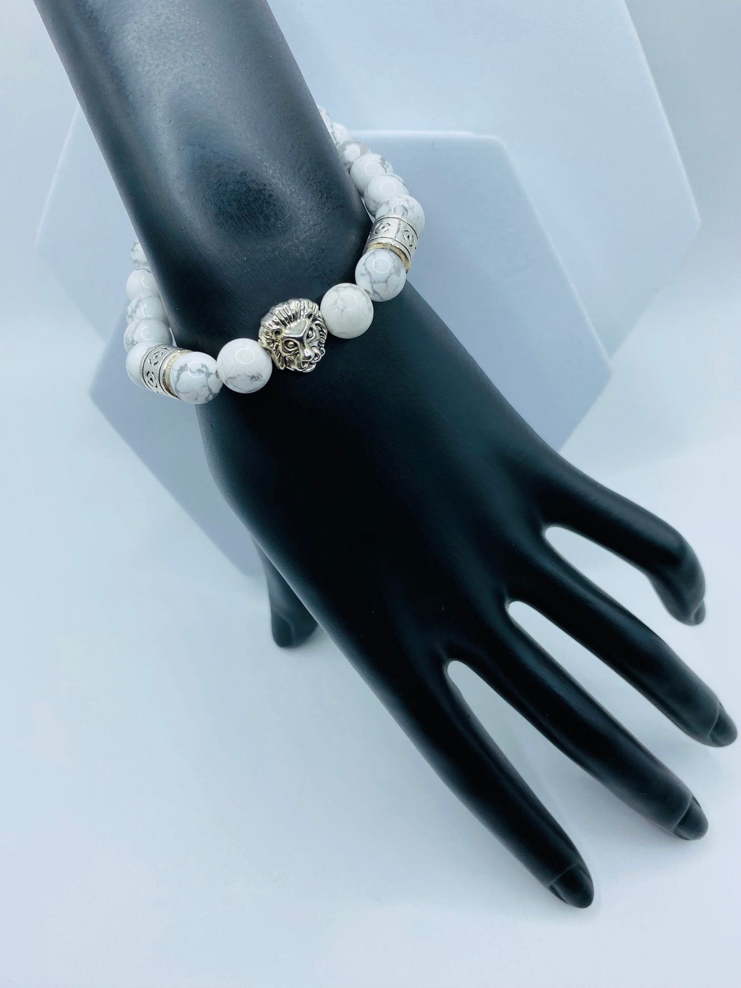 Mens Howlite Bracelet: Lion Charm, Tibetan Silver Spacers