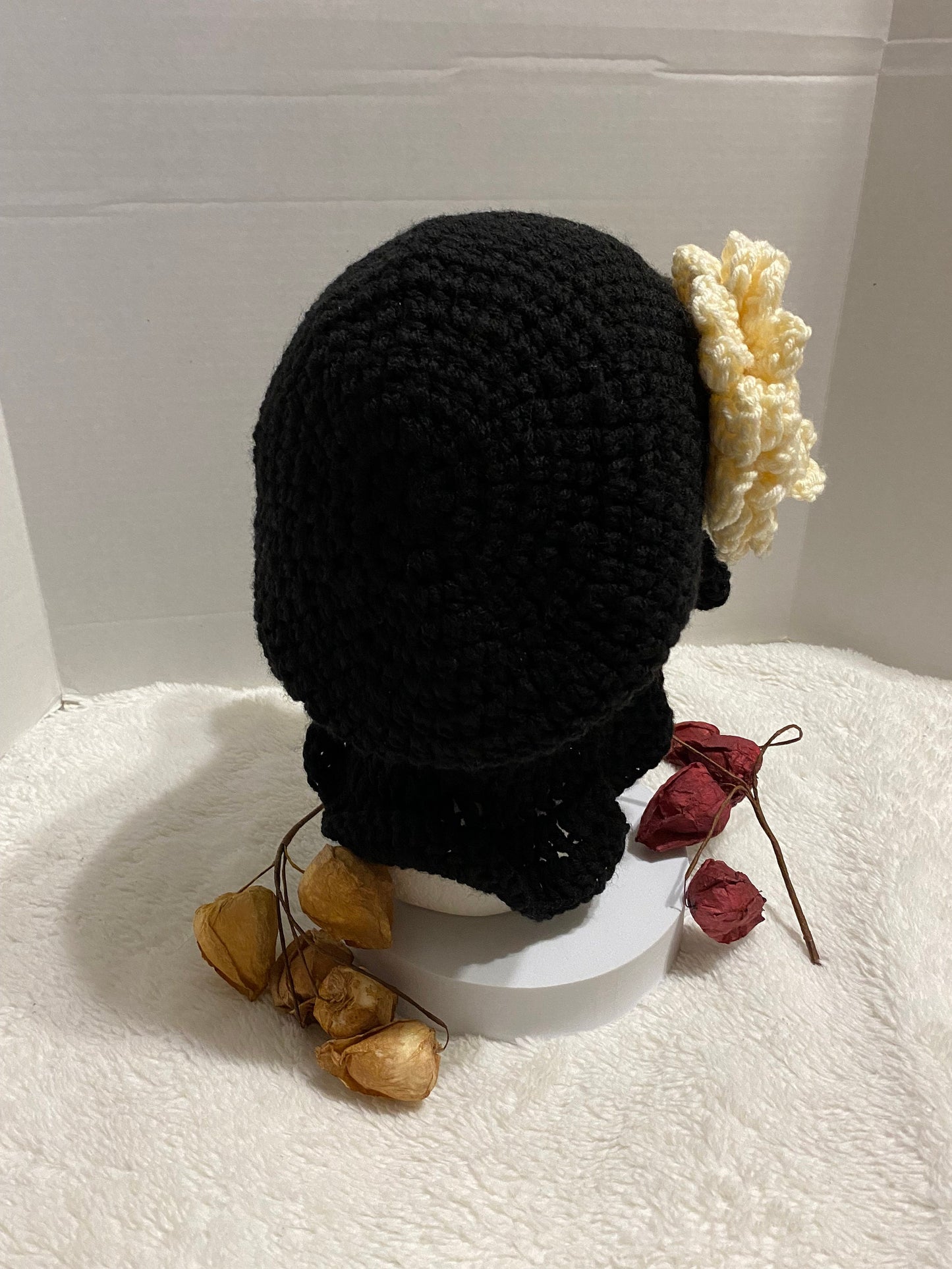 Black Crochet Bucket Hat with White Flower: Handmade Acrylic Hat