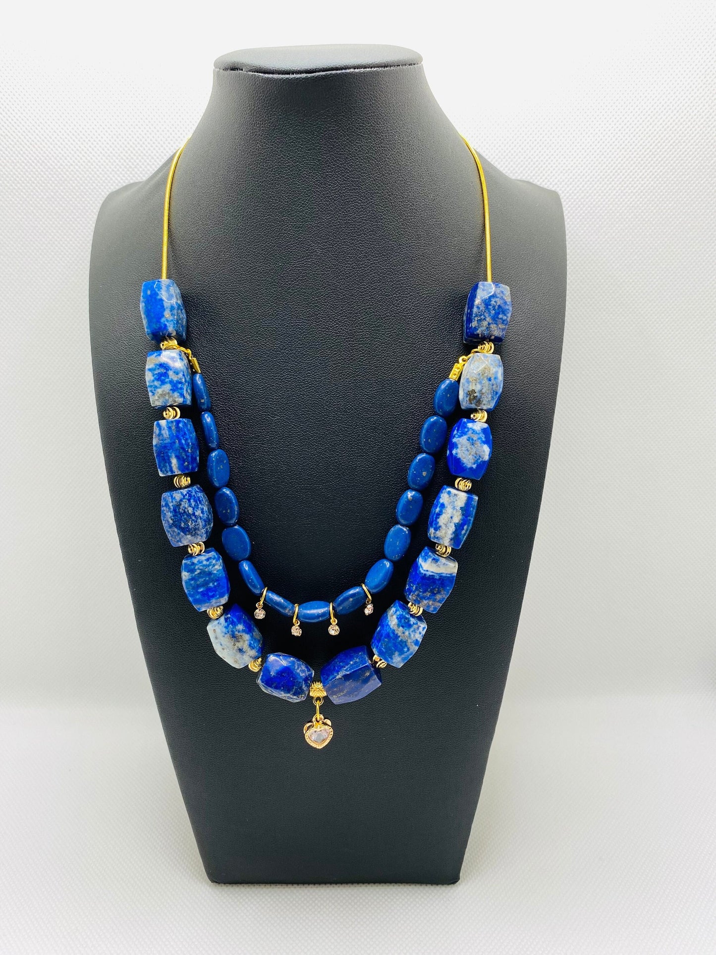 Handmade Lapis Lazuli Layered Necklace: Gold Plated Heart Pendant