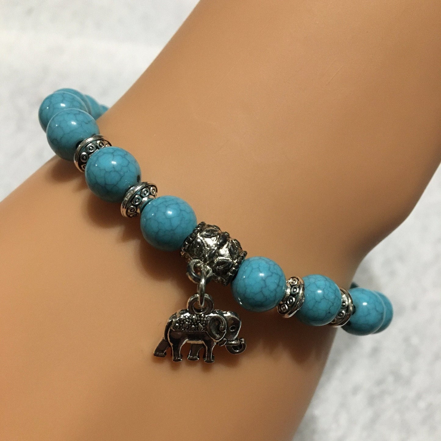 Charm Bracelet Bohemian Jewelry with Turquoise Gemstone Beads & Elephant Gifts - Gifts for Women