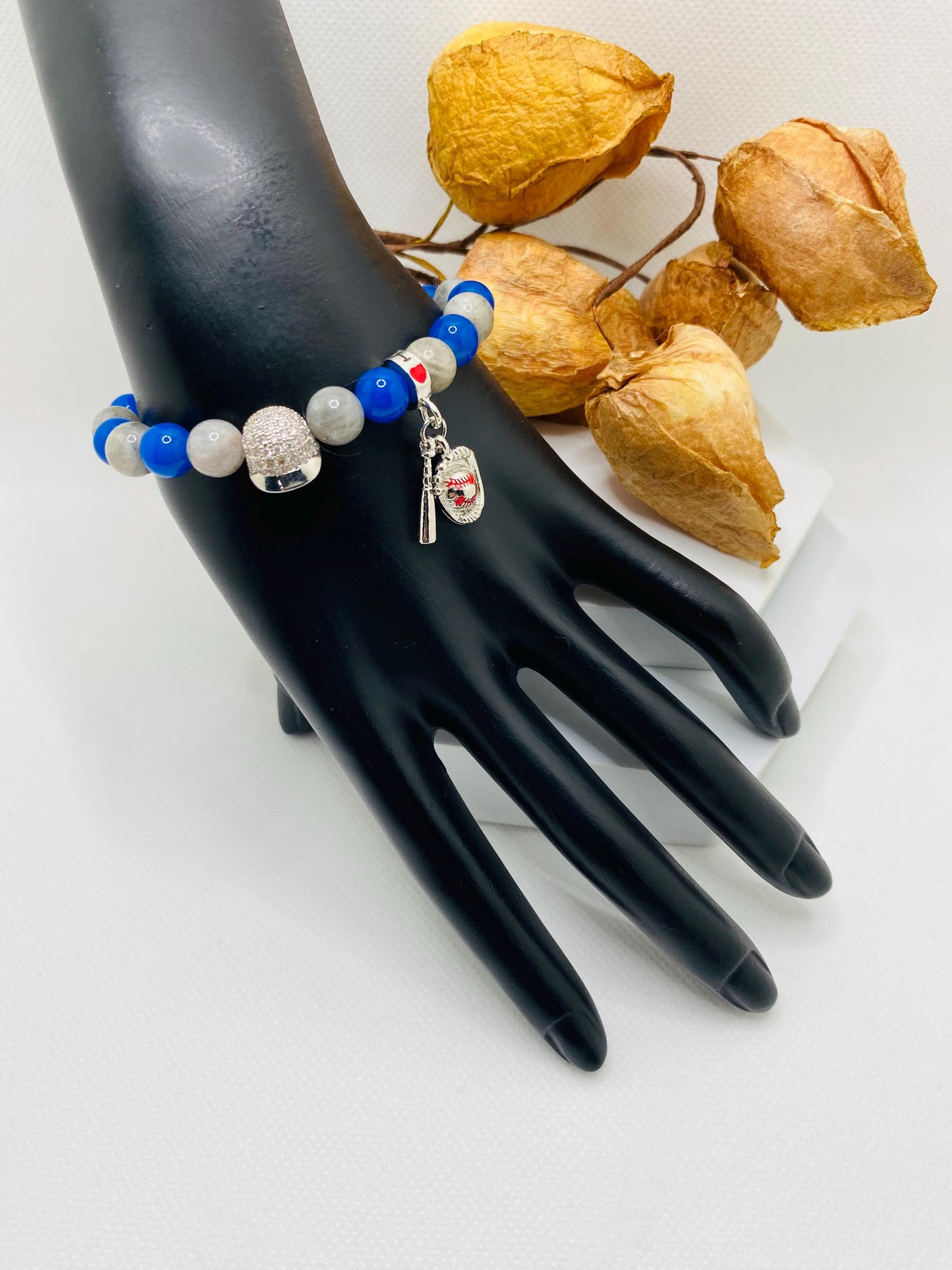 Los Angeles Dodgers Bracelet: Gemstone Beads & Baseball Charms