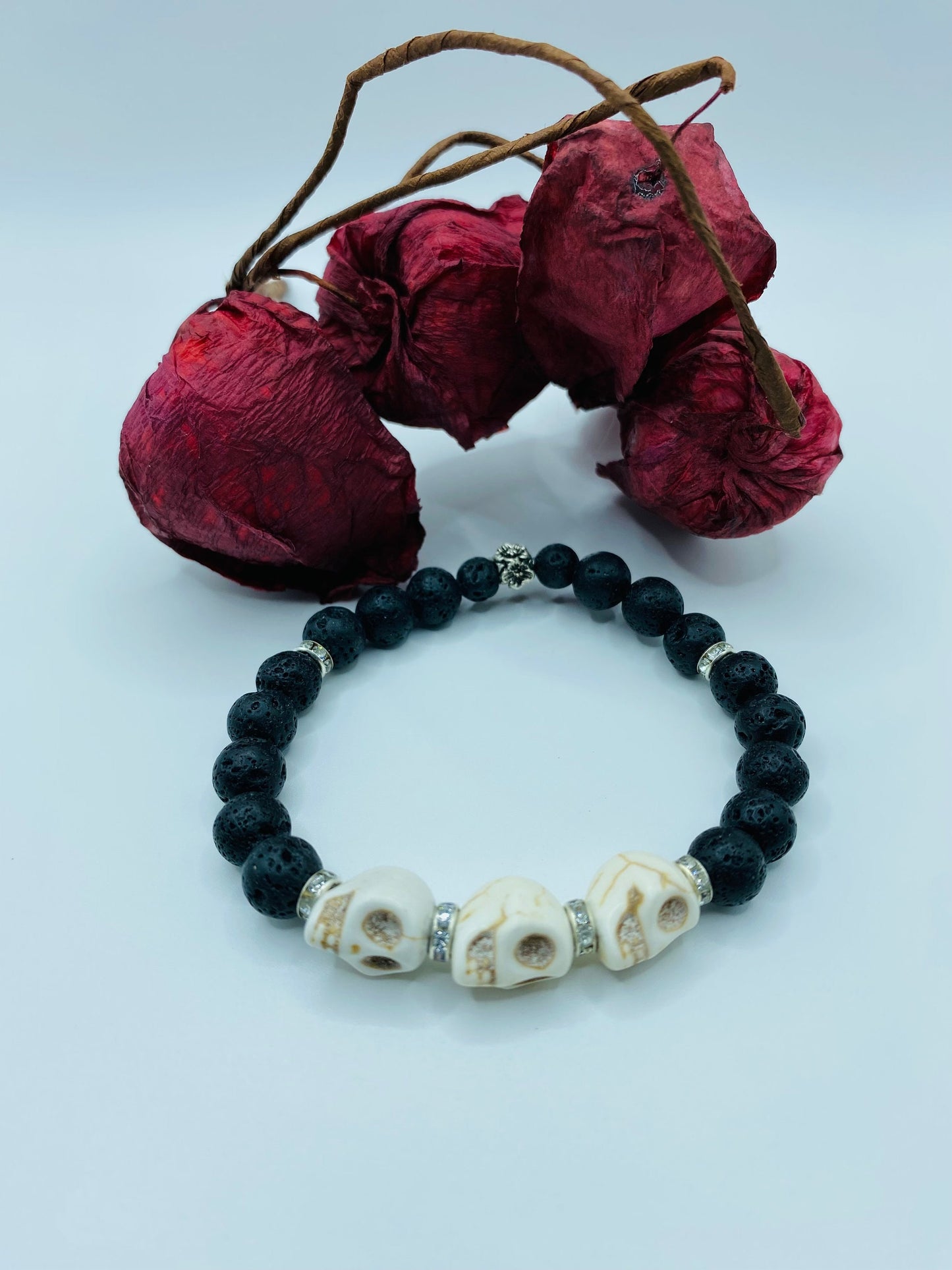 Day of the Dead Lava Rock Bracelet, White Skull Beads & Metal flowers - Dia de Los Muertos - Gift for Him