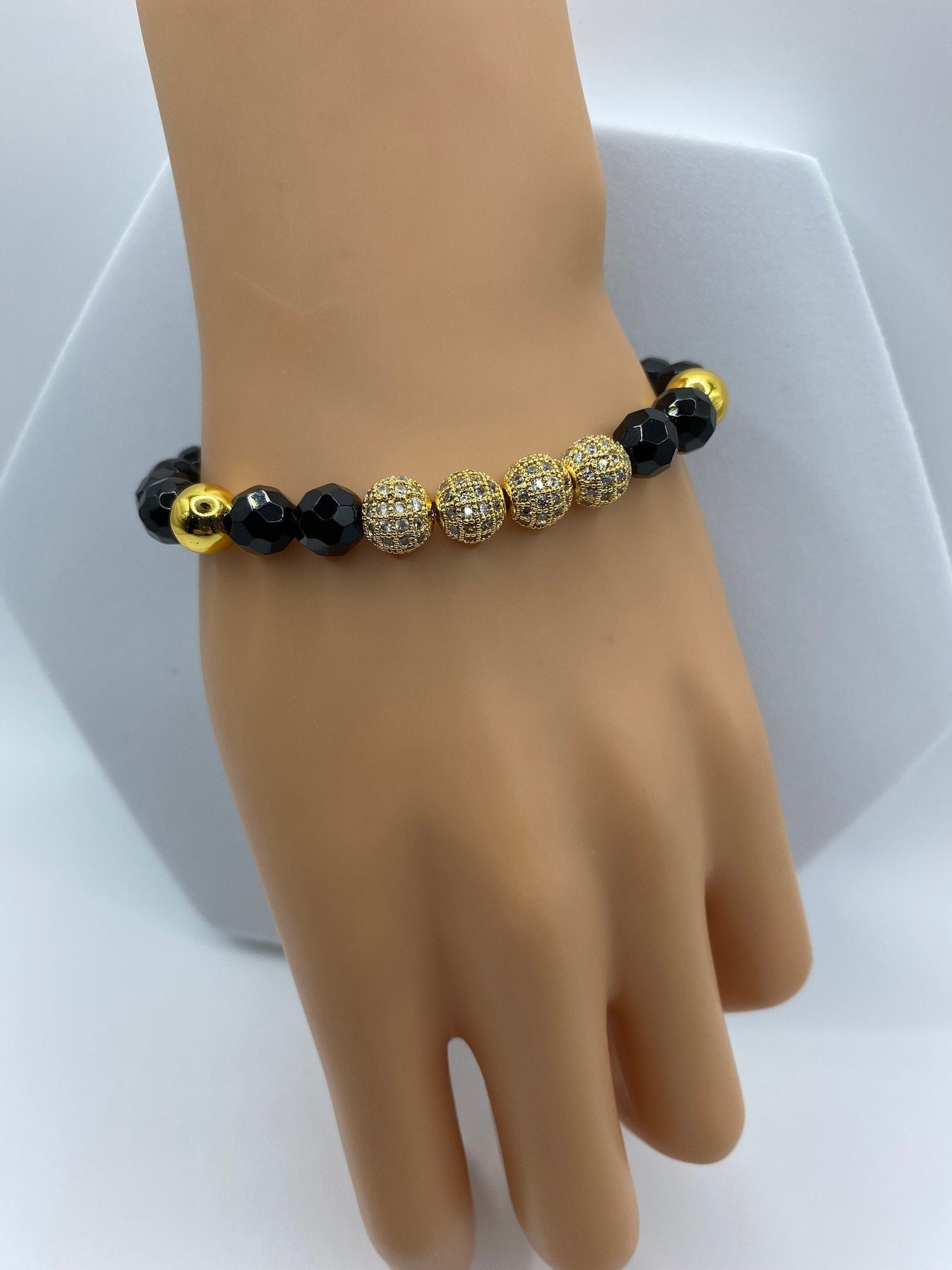 Black Onyx Bracelet for Men: Gold CZ Inlaid Beads, Hematite Gemstone
