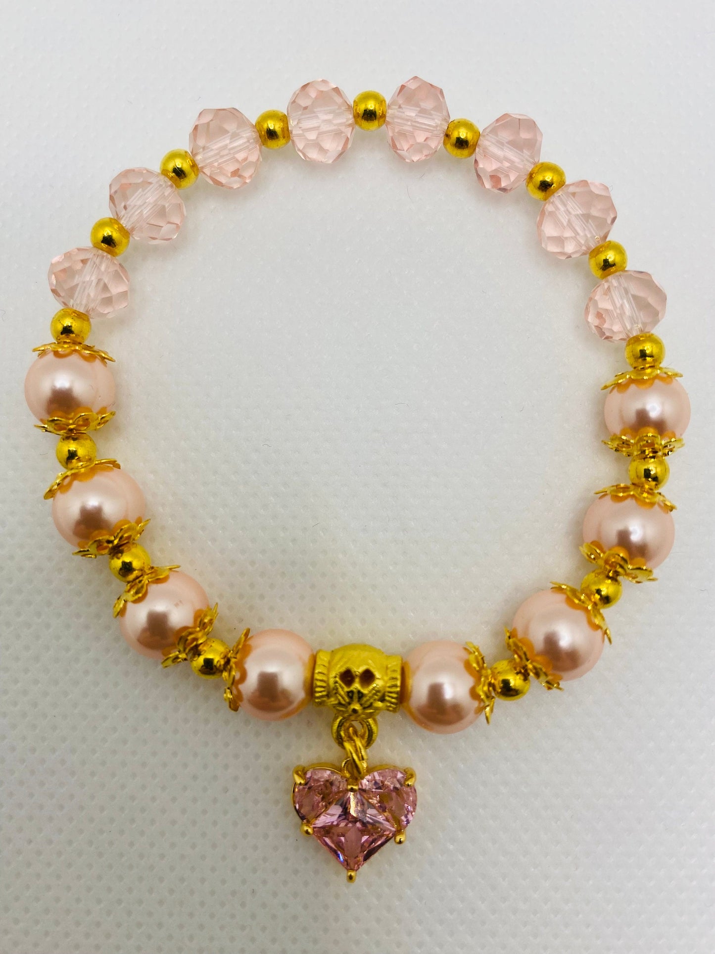Mother of Pearl Bracelet: Pink Crystal Heart & Glass Beads, 18k Gold Accents