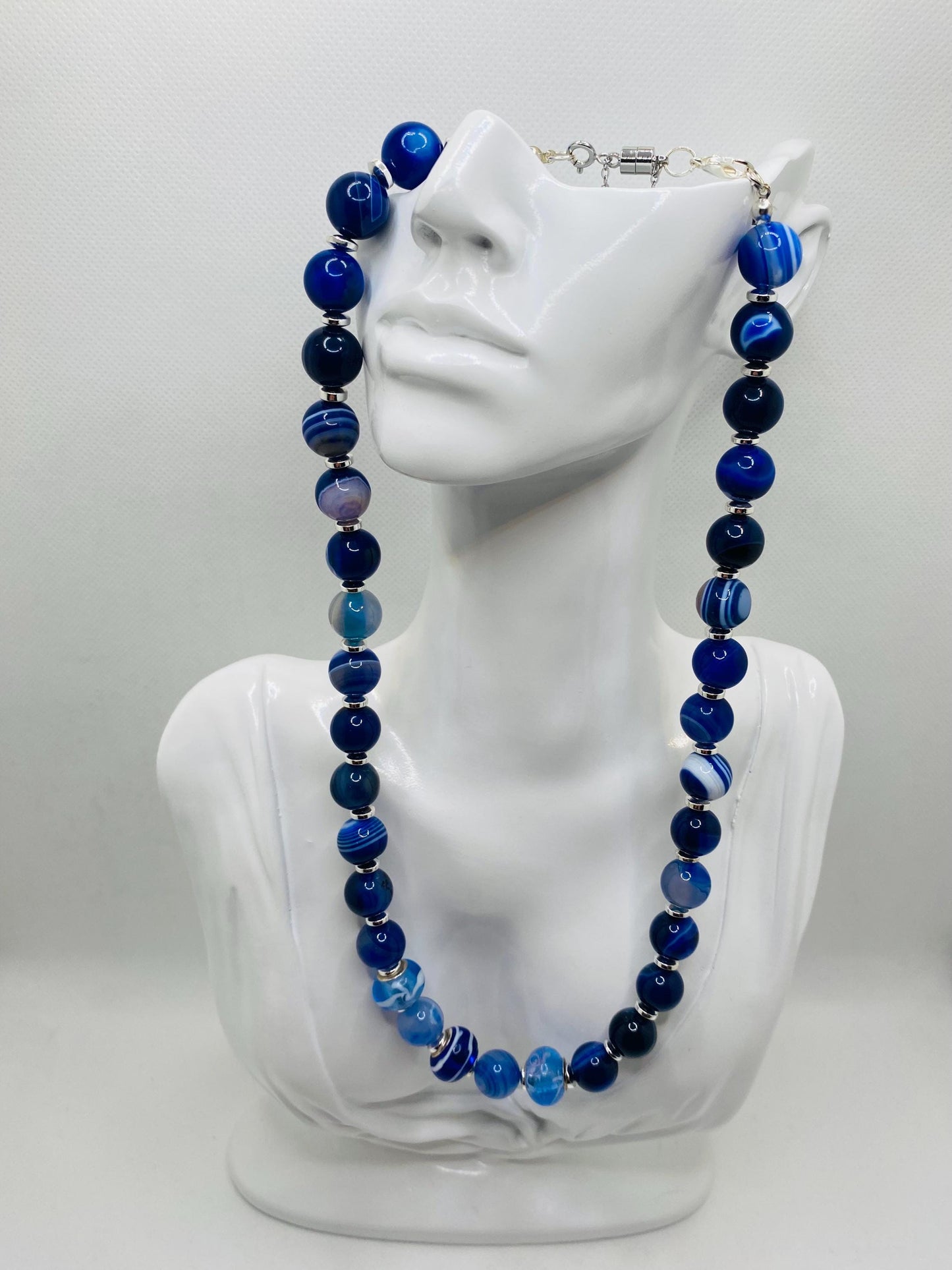 Blue Lace Agate Gemstone Necklace: Silverplated Hematite Rondelle Spacers