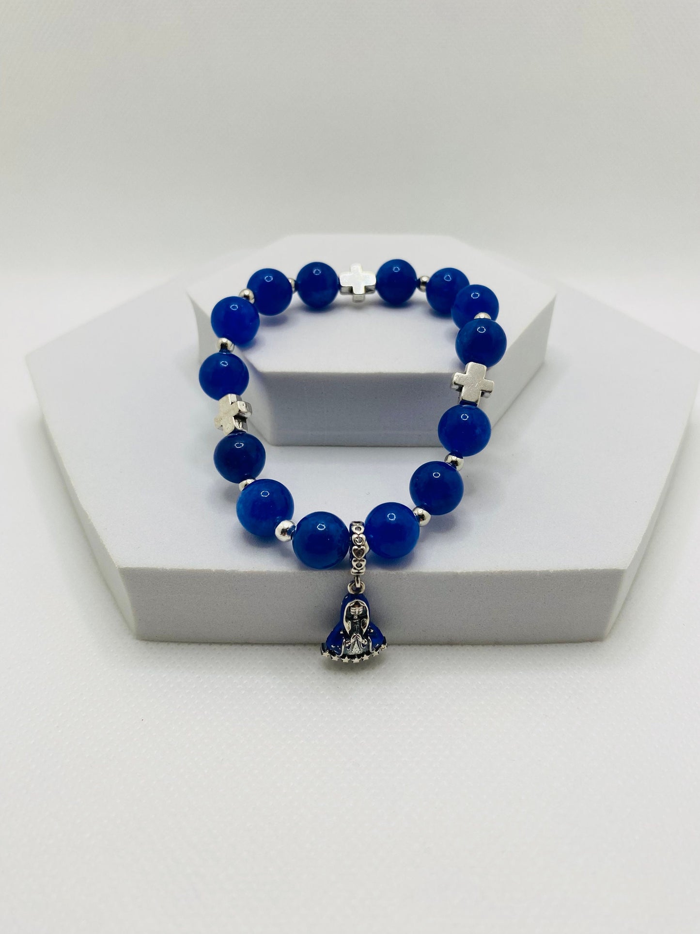 Blue Kyanite Gemstone Bracelet: Virgin Mary Charm, Cross Beads