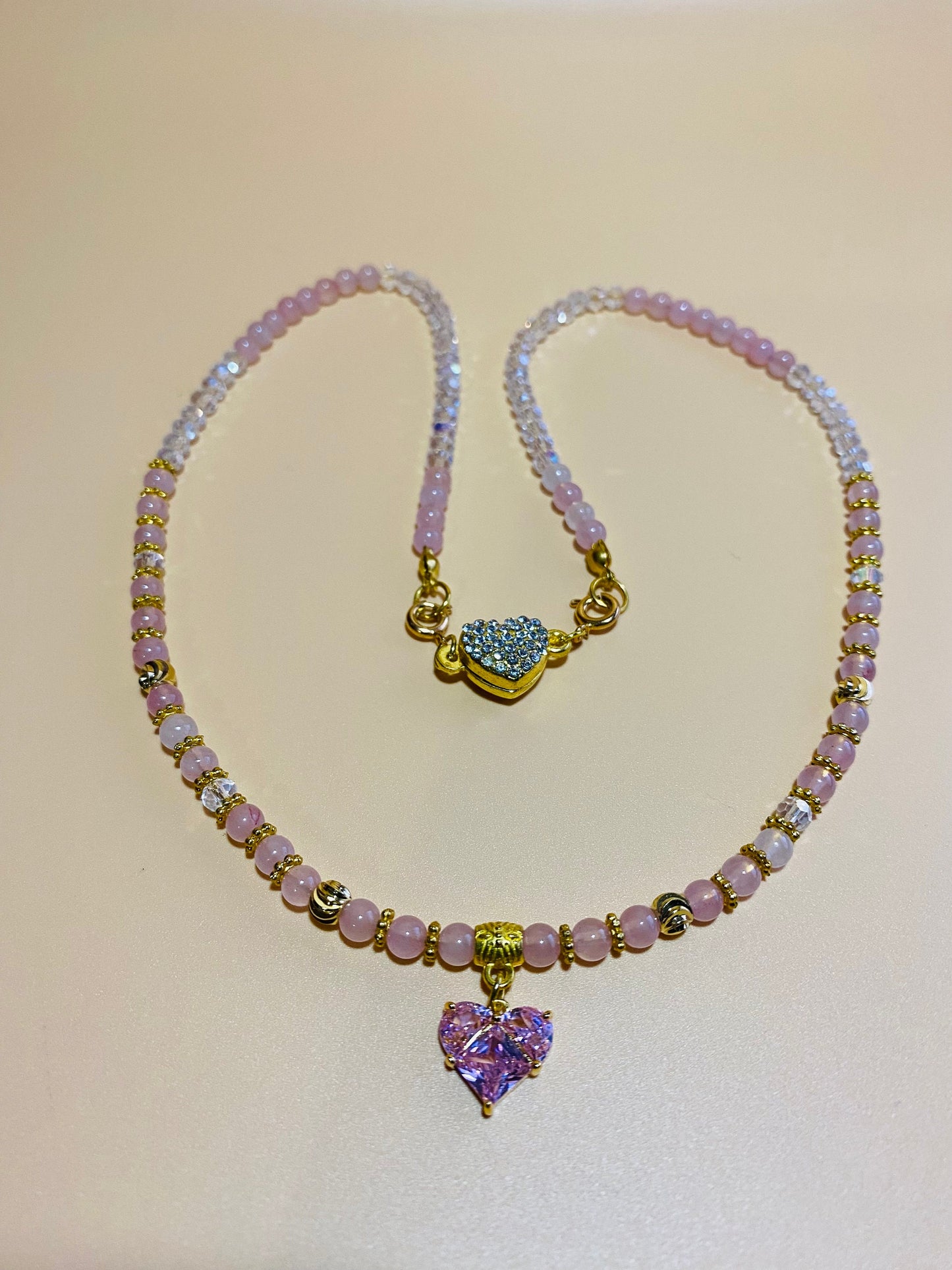 Pink Crystal Heart Pendant Necklace: Rose Quartz & Glass Beads