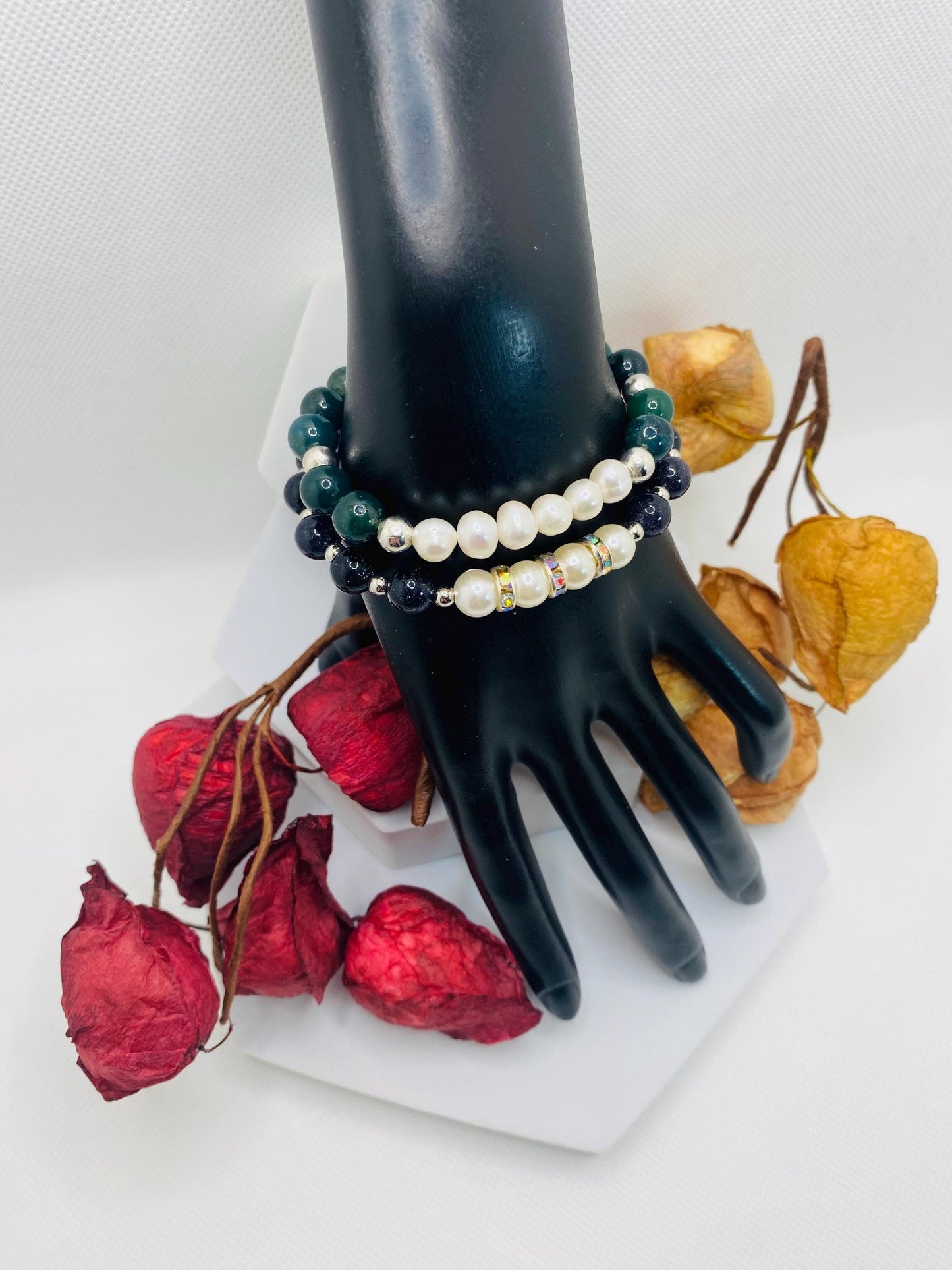Handmade Pearl Bracelet Set: Moss Agate & Blue Sandstone Beads