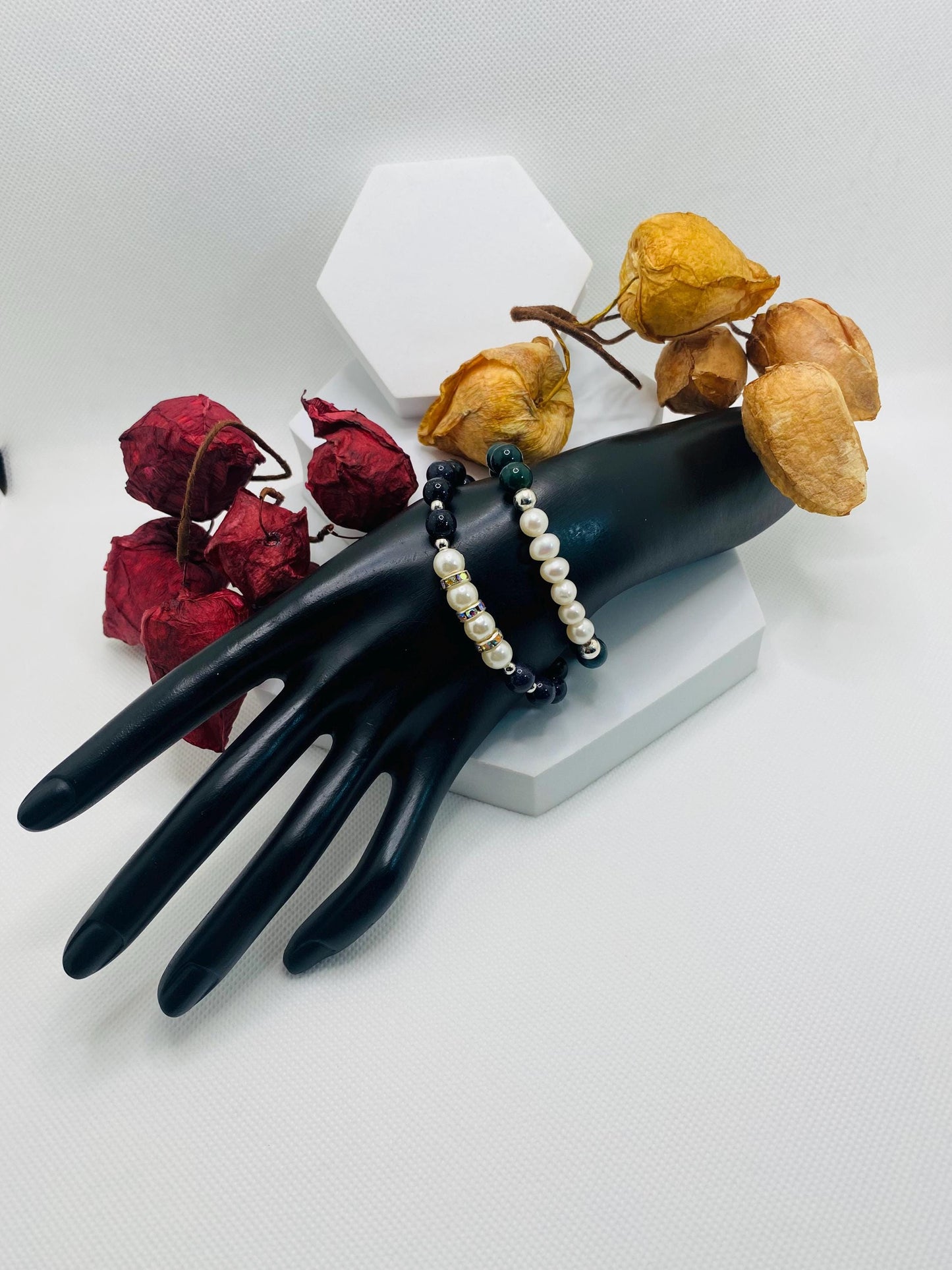 Handmade Pearl Bracelet Set: Moss Agate & Blue Sandstone Beads