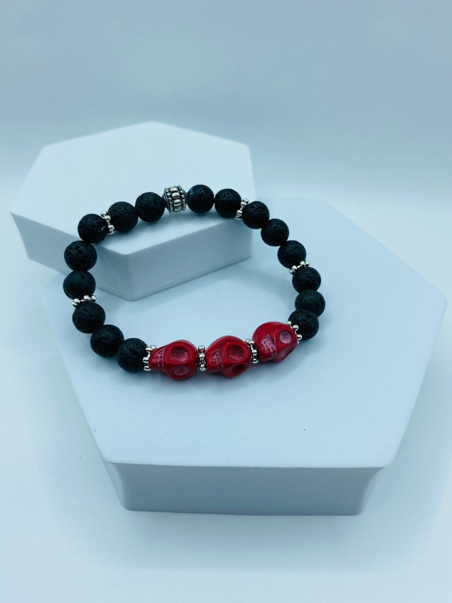 Day of the Dead Lava Rock Bracelet, Red Skull Beads - Dia de Los Muertos - Gothic Jewelry - Gift for Him