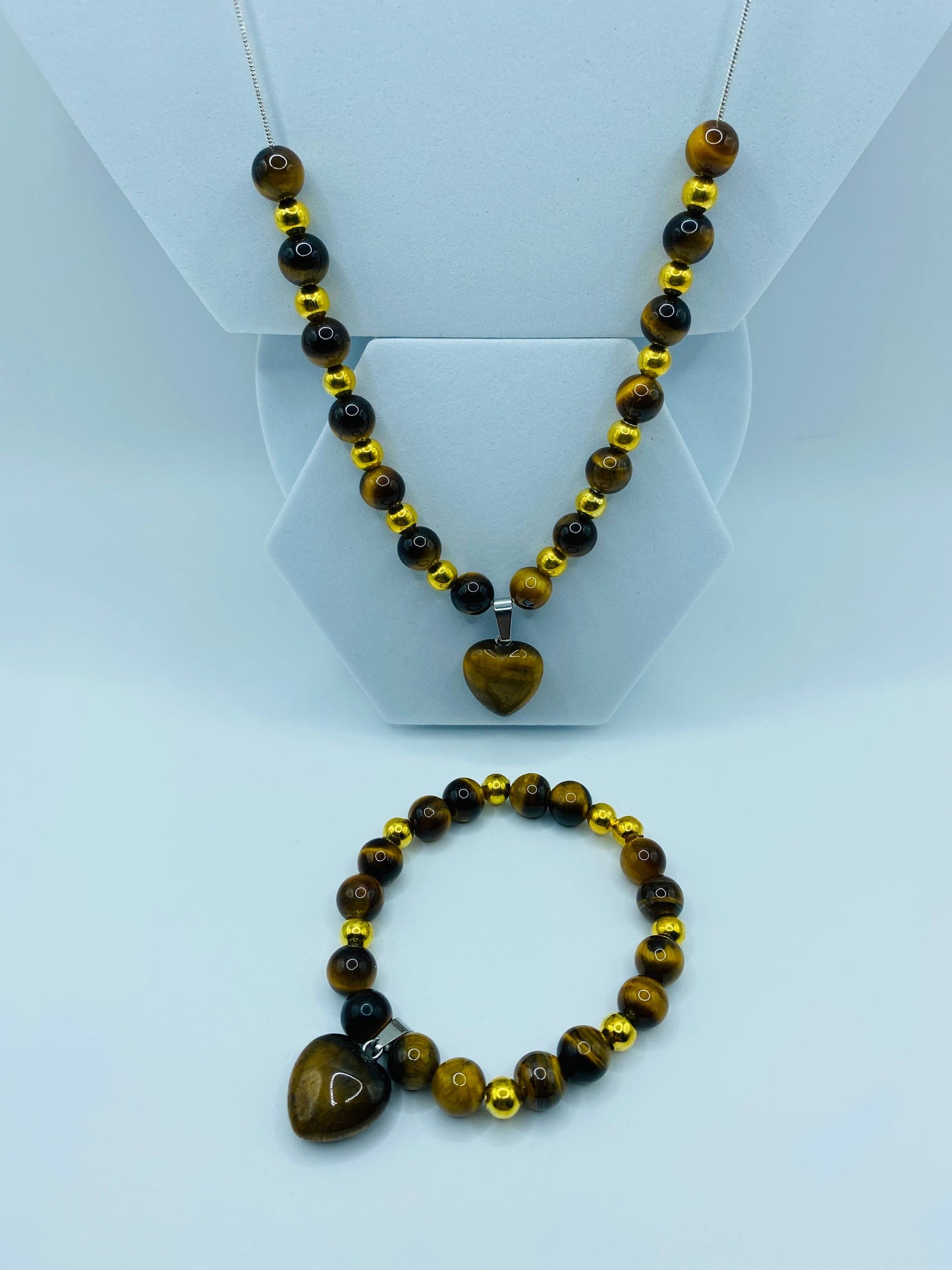 Tiger's Eye Heart Necklace & Bracelet Set: Gold Plated Hematite Beads
