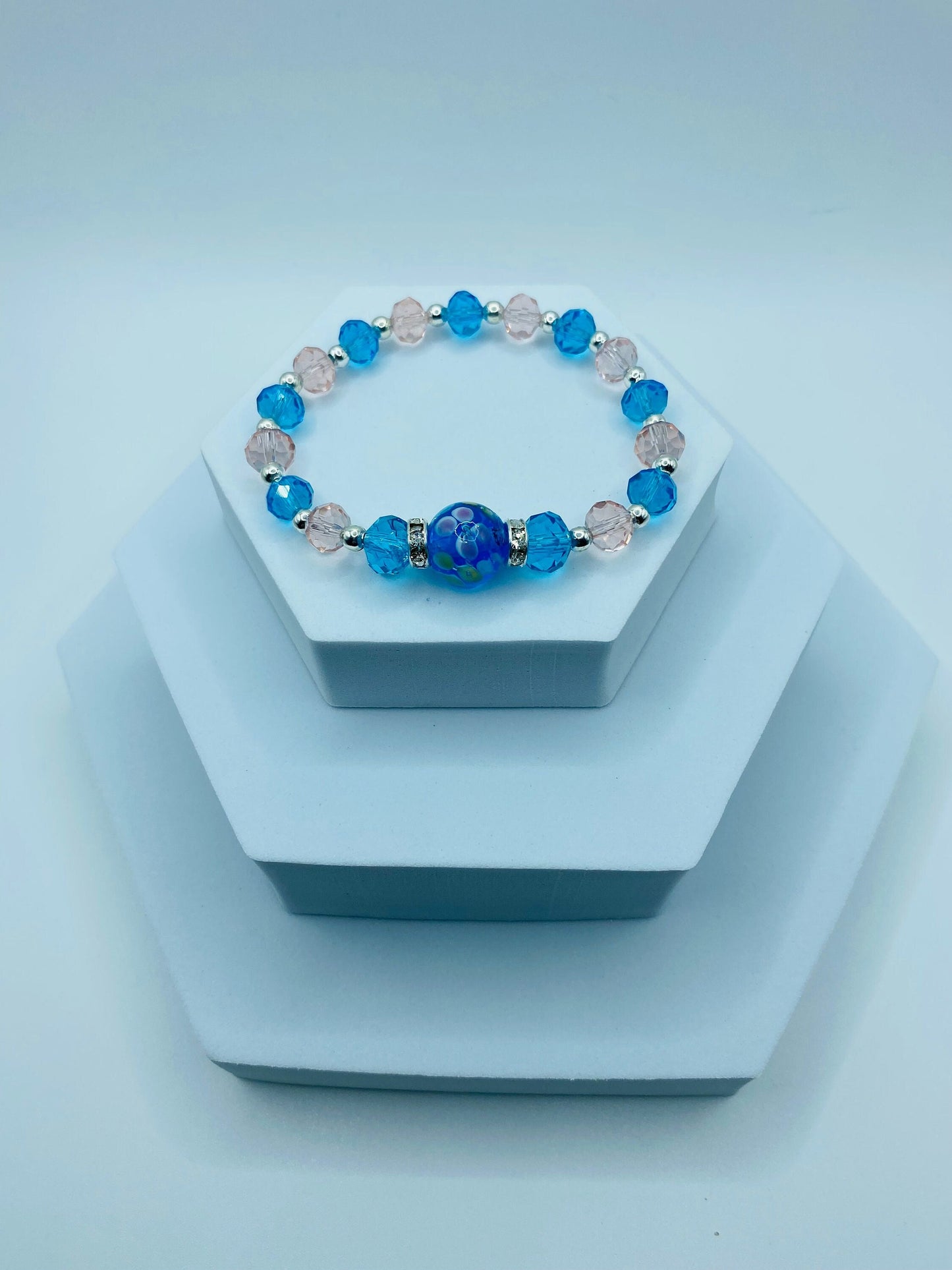 Floral Lampwork Glass Bead Bracelet: Pink & Blue Crystal
