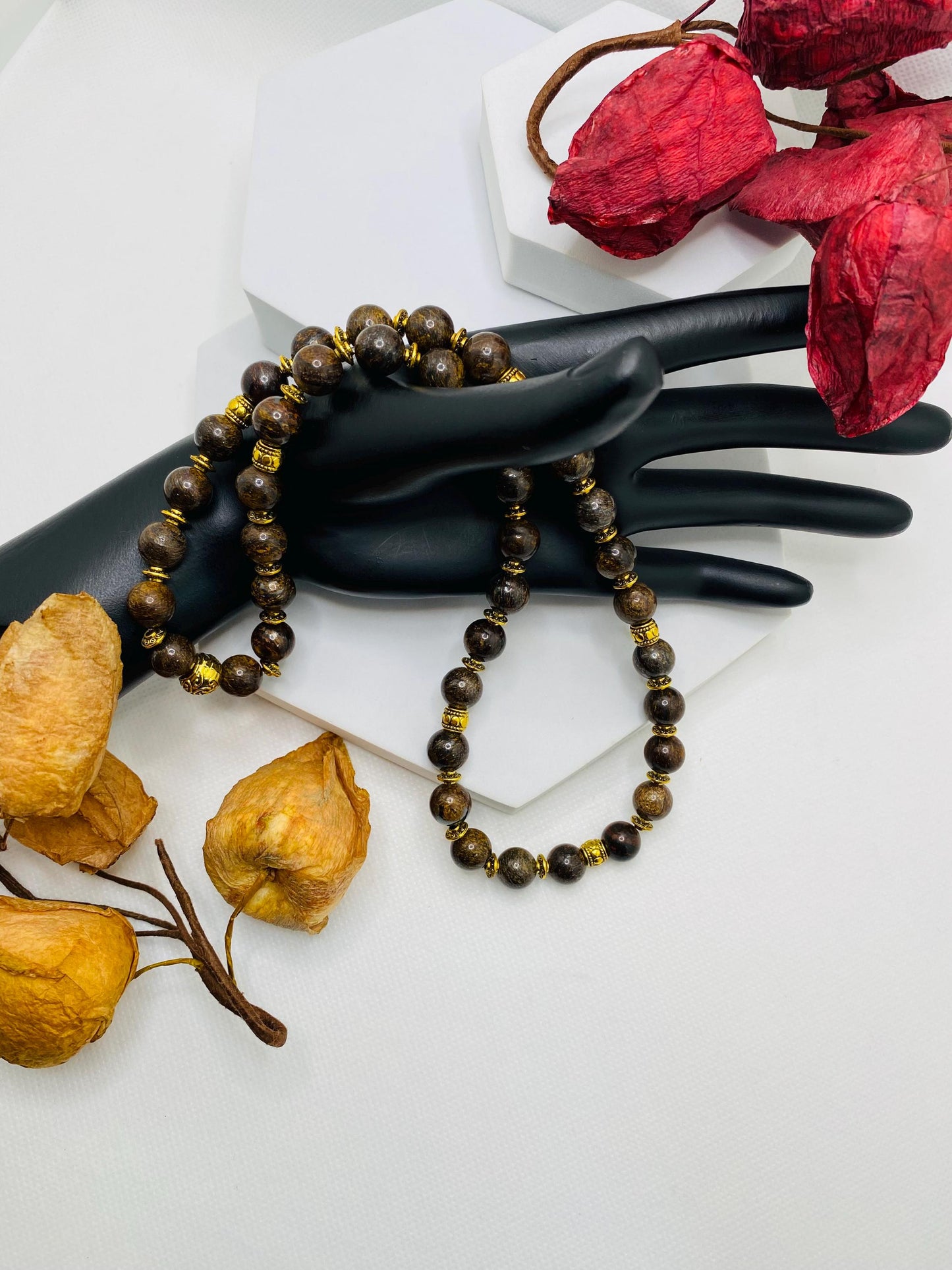 Bronzite Beaded Necklace: Unisex Gemstone Jewelry with Tibetan Spacers