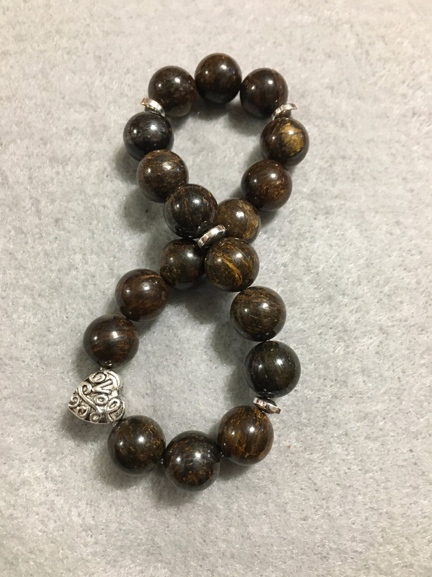 Bronzite Gemstone Bracelet with Love Heart Charm & Hematite Spacers