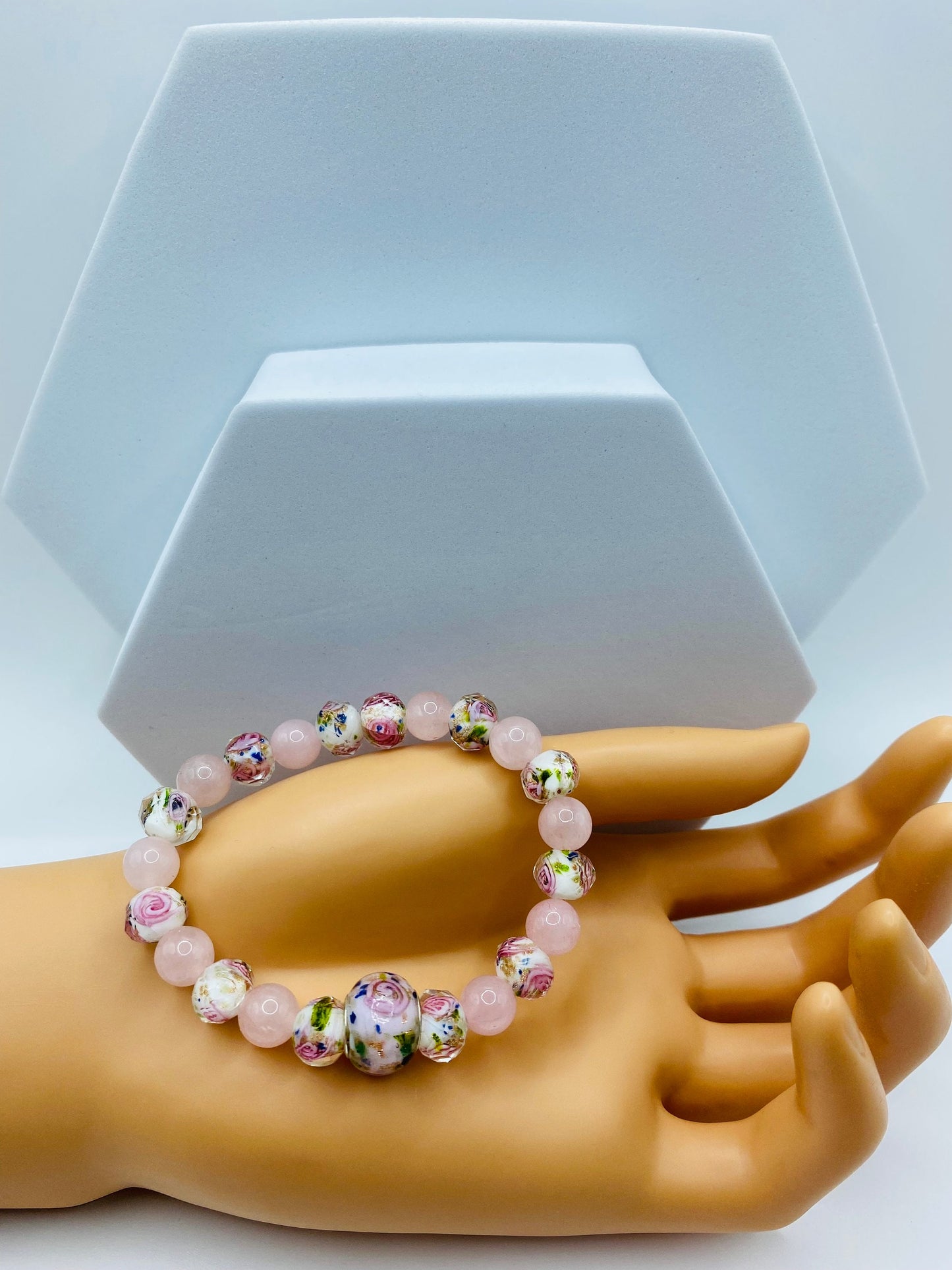 Rose Quartz Bracelet with Lampwork Floral Glass Beads