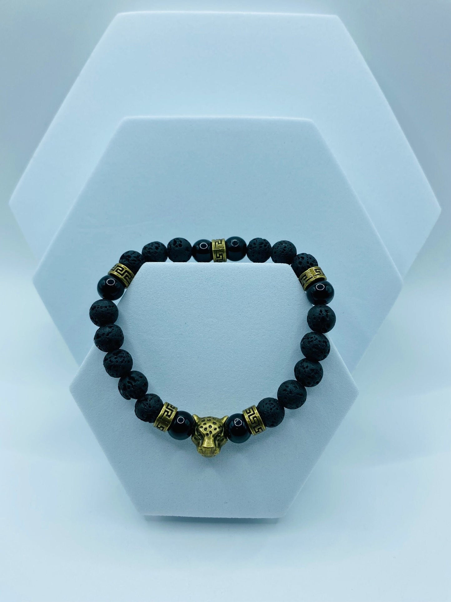 Black Onyx Lava Rock Bracelet with Bronze Leopard Charm
